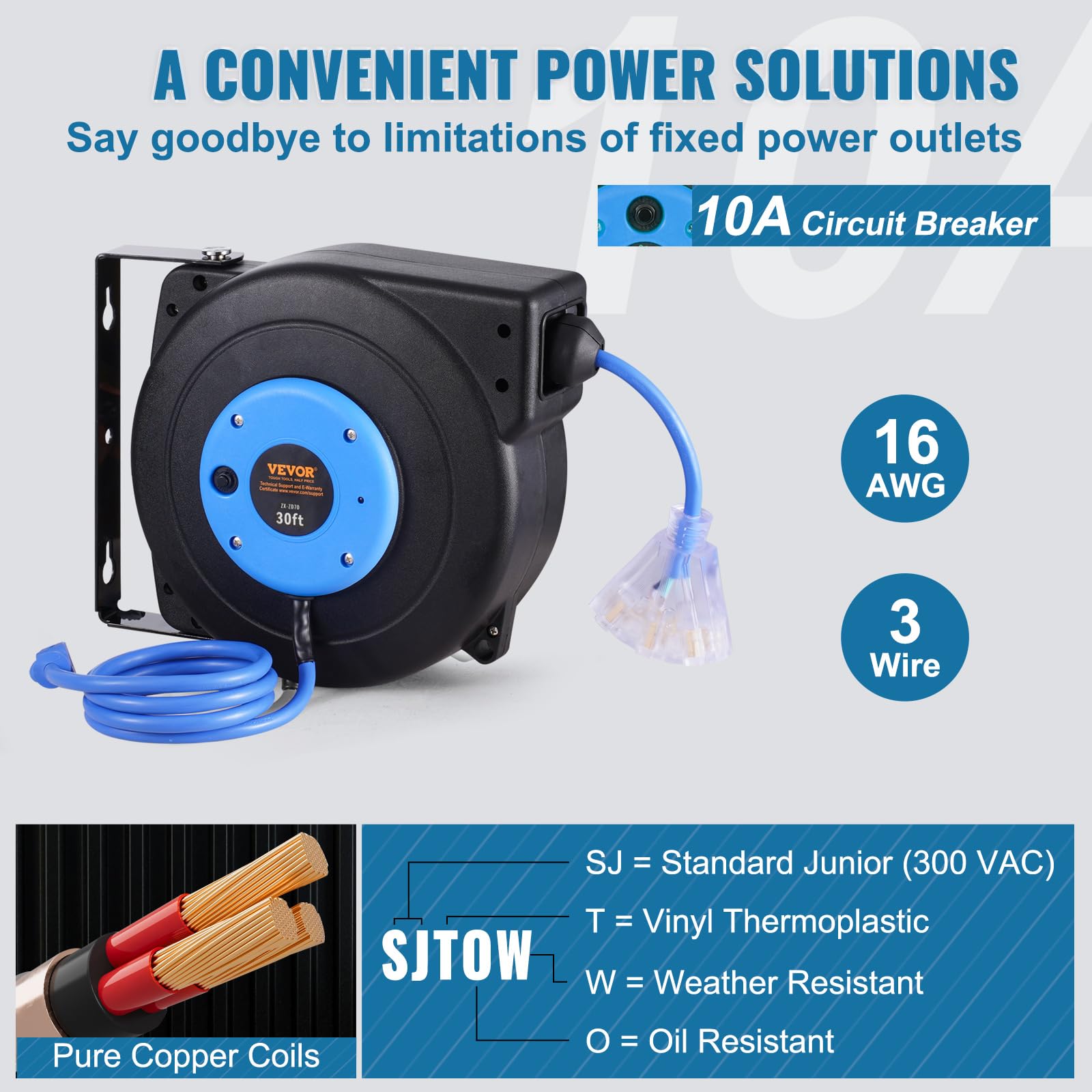 Foto 5 pulgar | Carrete Retráctil De Cable De Extensión Vevor, 30 Pies, 10 A, 125 V, Azul - Venta Internacional.