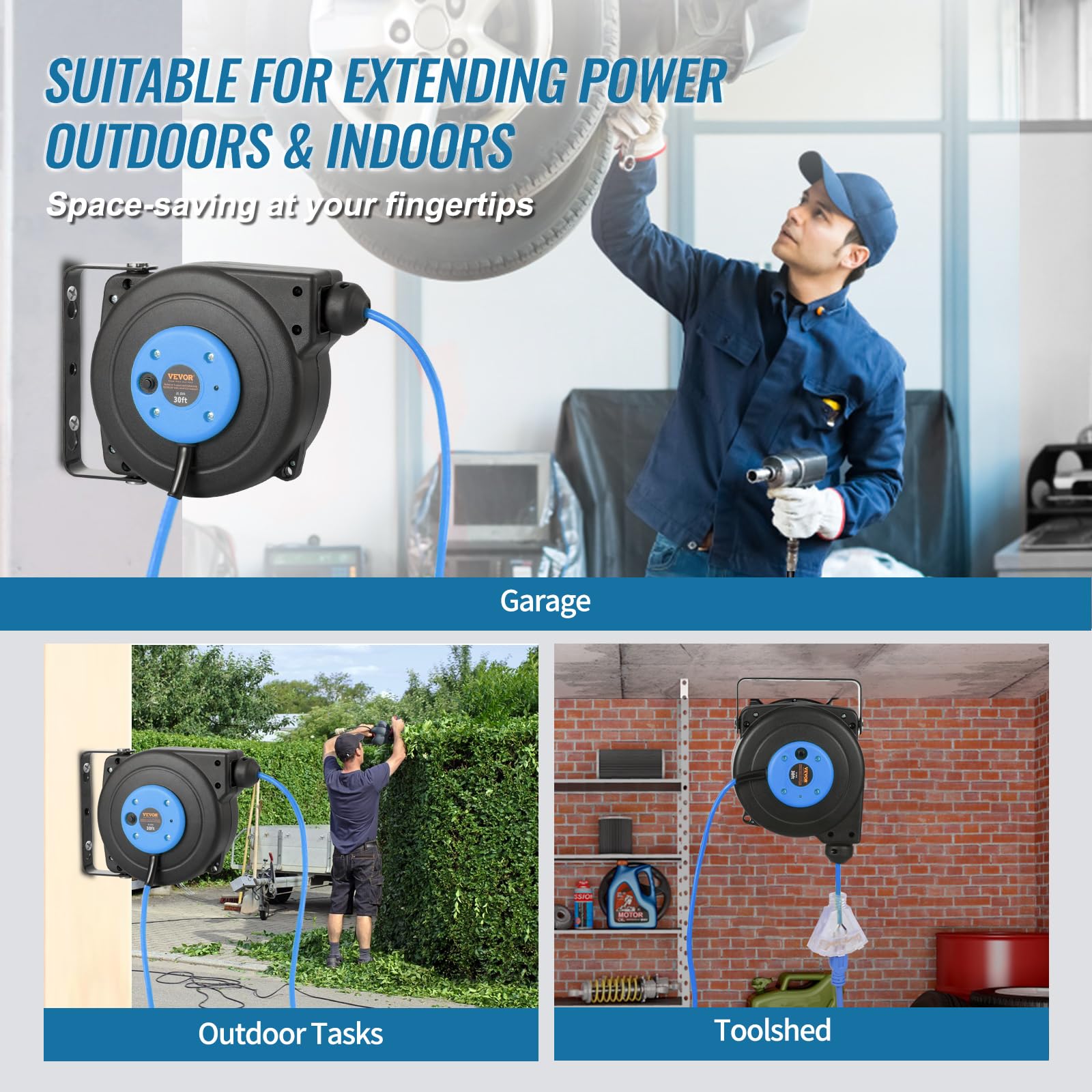 Foto 6 | Carrete Retráctil De Cable De Extensión Vevor, 30 Pies, 10 A, 125 V, Azul - Venta Internacional.
