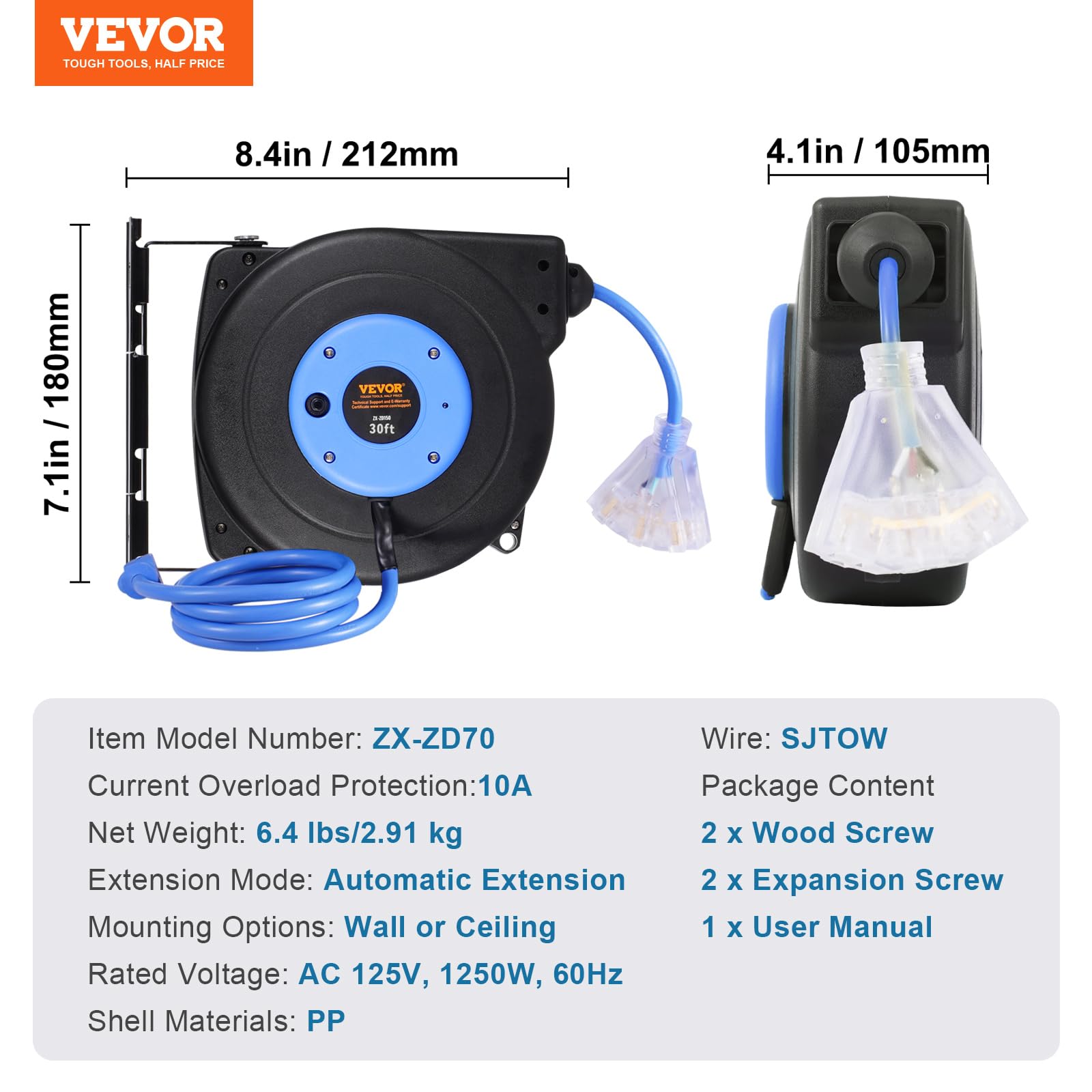 Foto 8 pulgar | Carrete Retráctil De Cable De Extensión Vevor, 30 Pies, 10 A, 125 V, Azul - Venta Internacional.
