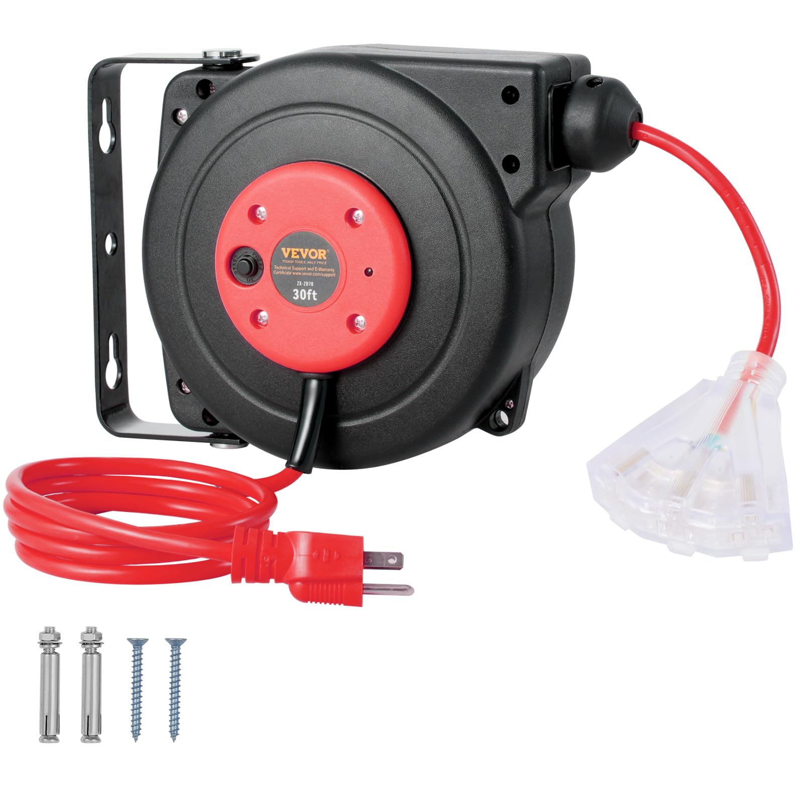 Carrete De Cable De Extensión Retráctil Vevor De 30 Pies Con Triple Toma - Venta Internacional.