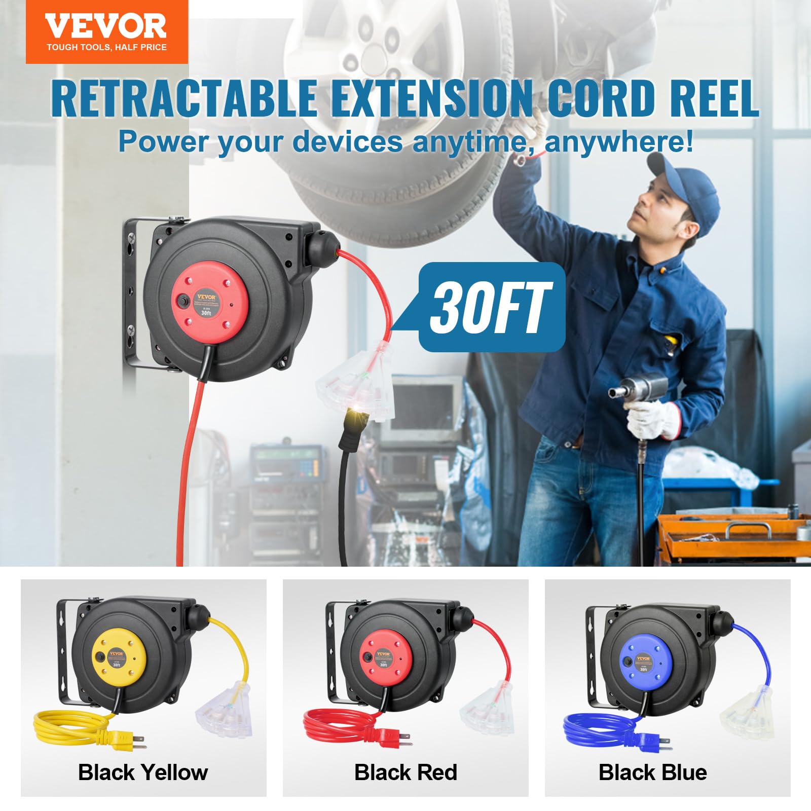 Foto 3 pulgar | Carrete De Cable De Extensión Retráctil Vevor De 30 Pies Con Triple Toma - Venta Internacional.