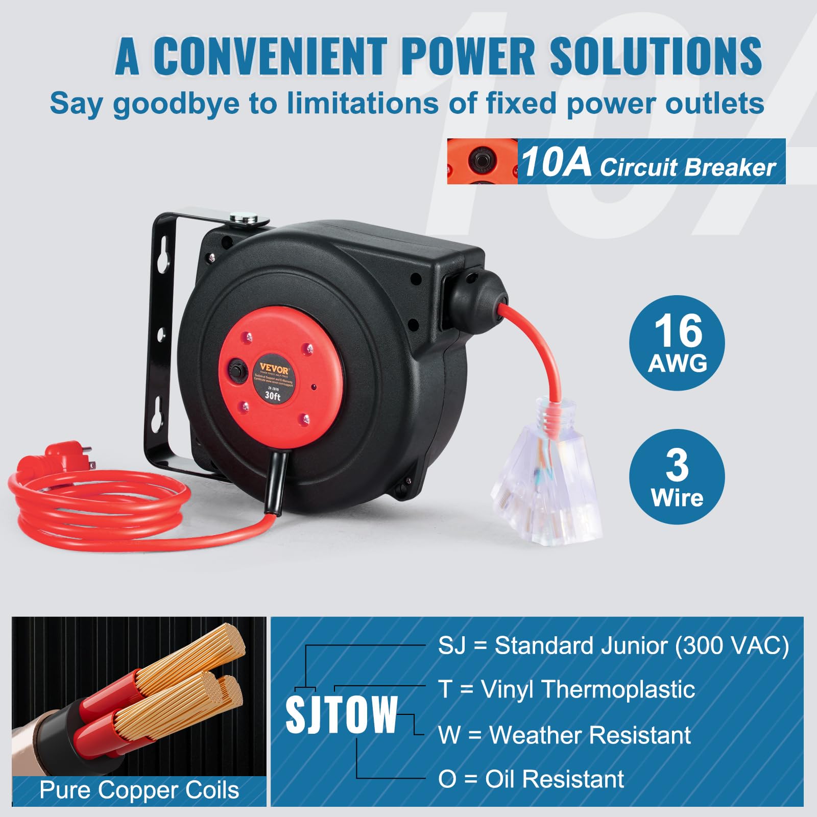 Foto 5 pulgar | Carrete De Cable De Extensión Retráctil Vevor De 30 Pies Con Triple Toma - Venta Internacional.
