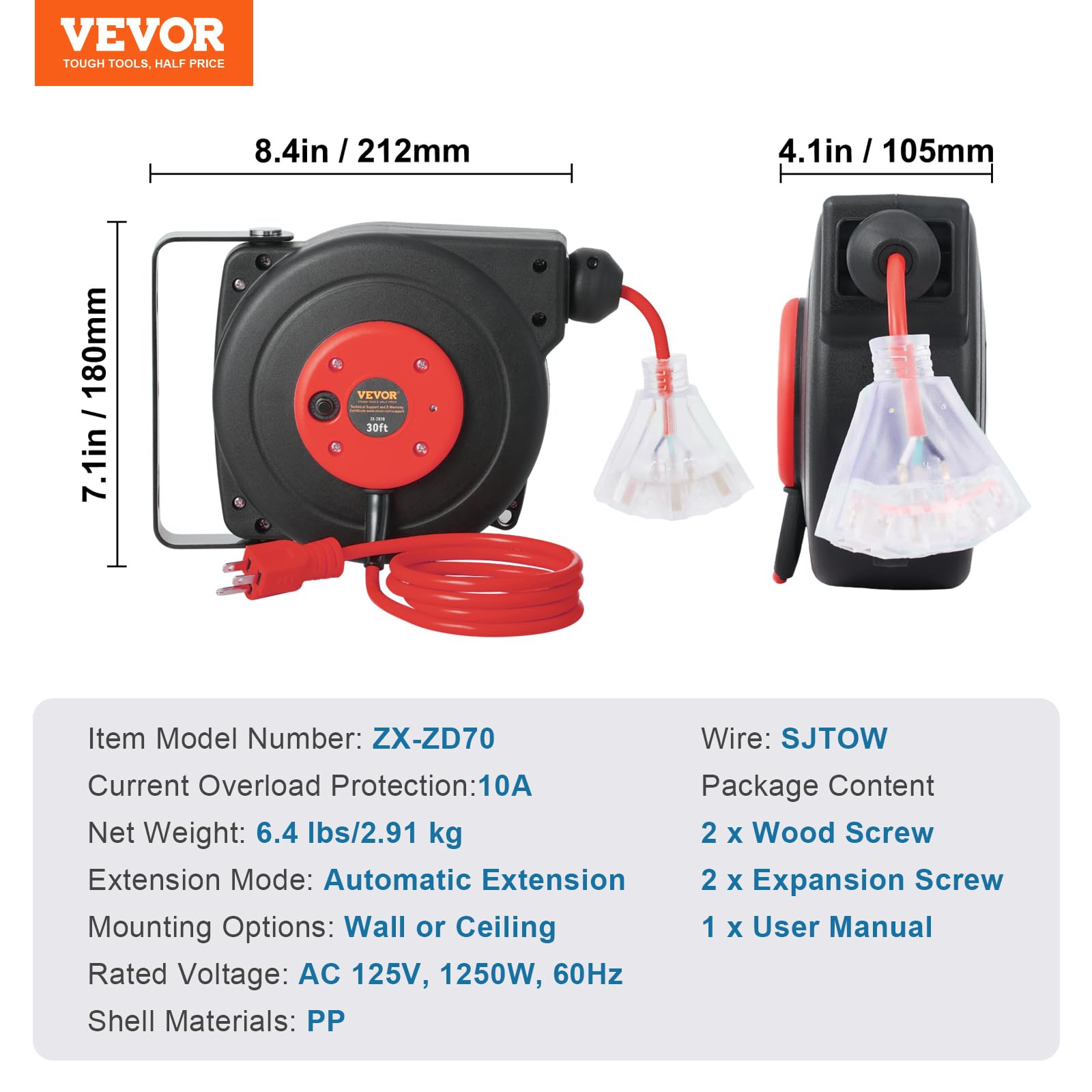 Foto 7 | Carrete De Cable De Extensión Retráctil Vevor De 30 Pies Con Triple Toma - Venta Internacional.