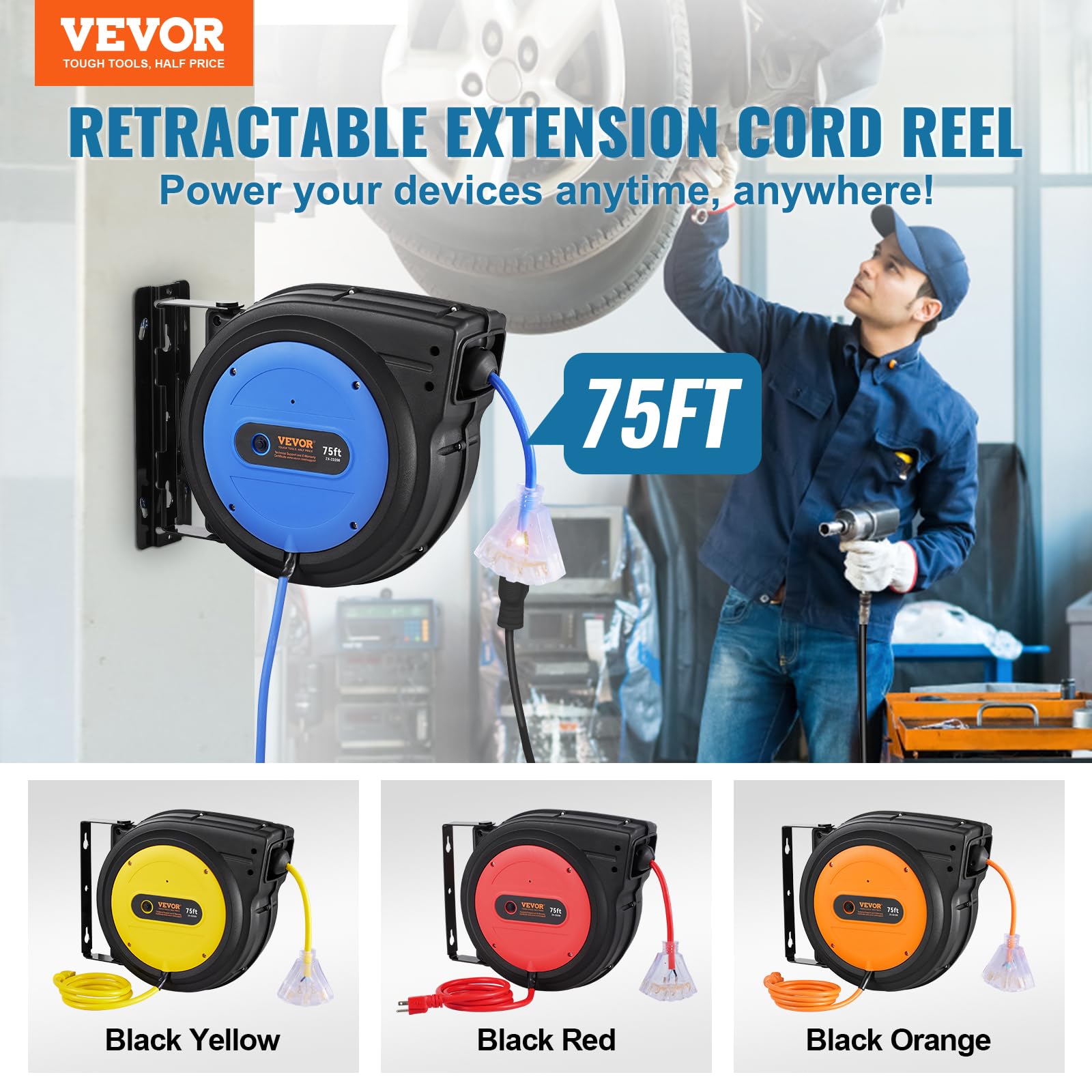 Foto 2 | Carrete De Cable De Extensión Retráctil Vevor 75 Pies 14 Awg/3c Sjtow - Venta Internacional.
