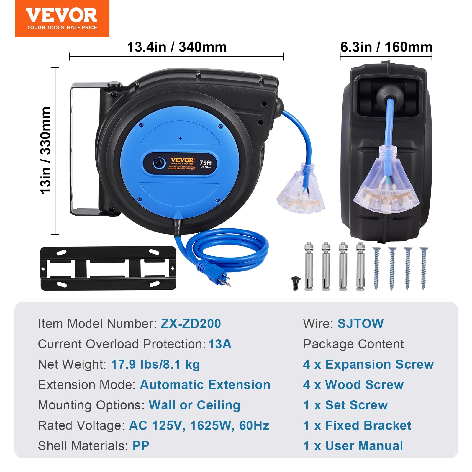 Foto 7 | Carrete De Cable De Extensión Retráctil Vevor 75 Pies 14 Awg/3c Sjtow - Venta Internacional.