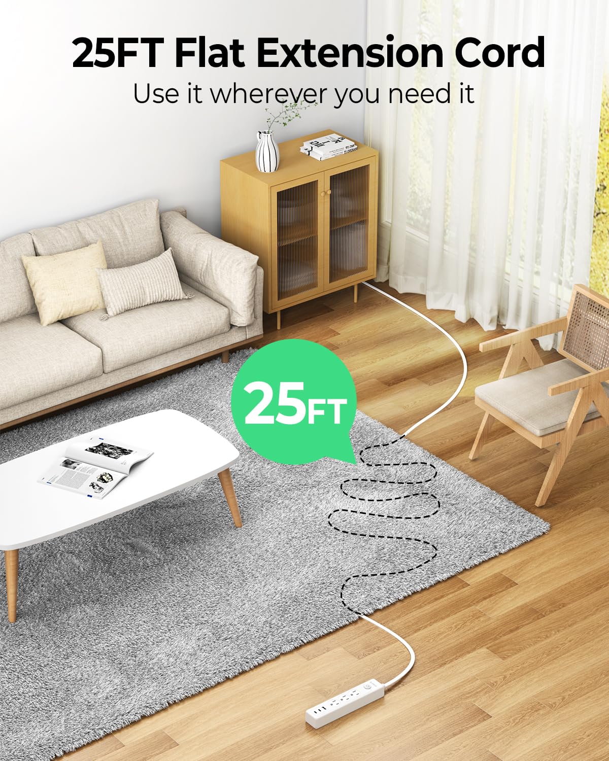 Foto 3 pulgar | Cable De Extensión Plano Orico De 25 Pies Con 3 Salidas Y 3 Puertos Usb - Venta Internacional.