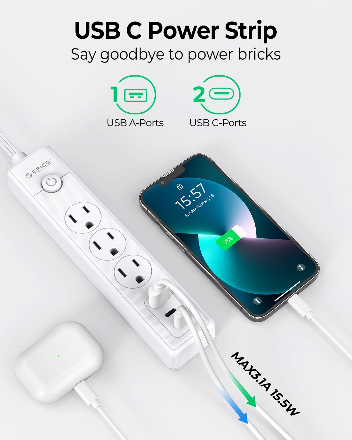 Foto 4 pulgar | Cable De Extensión Plano Orico De 25 Pies Con 3 Salidas Y 3 Puertos Usb - Venta Internacional.