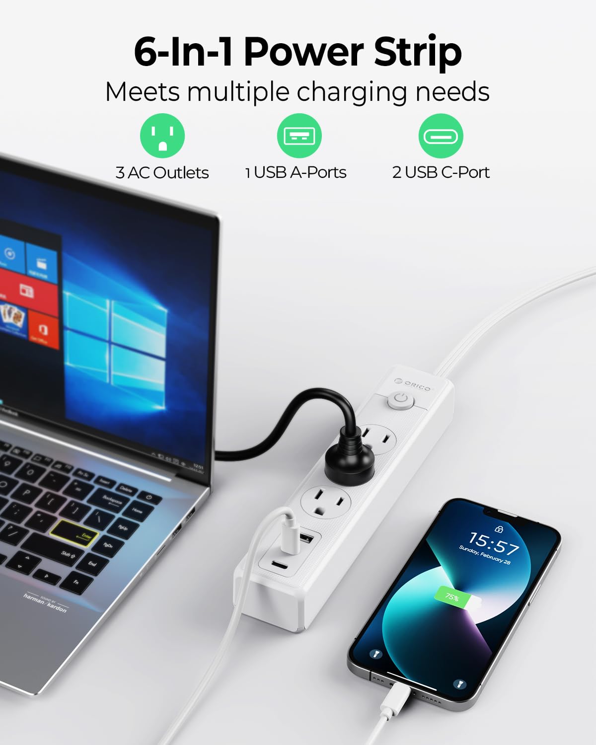 Foto 5 pulgar | Cable De Extensión Plano Orico De 25 Pies Con 3 Salidas Y 3 Puertos Usb - Venta Internacional.