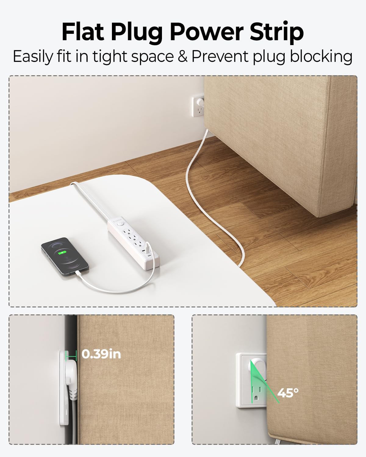 Foto 5 | Cable De Extensión Plano Orico De 25 Pies Con 3 Salidas Y 3 Puertos Usb - Venta Internacional.