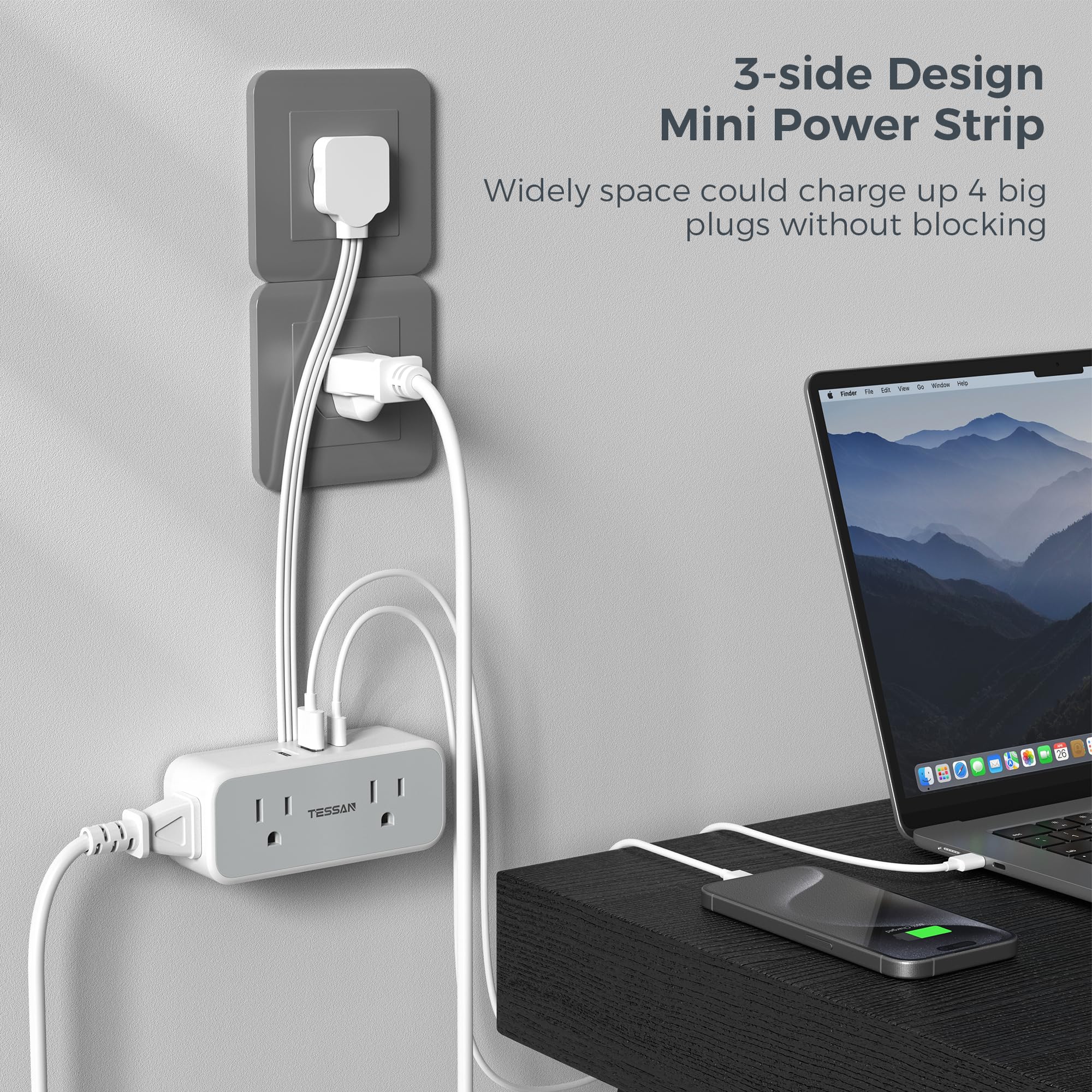 Foto 4 | Cable De Extensión Tessan Slim Flat Power Strip 4 Ac 3 Puertos Usb - Venta Internacional.
