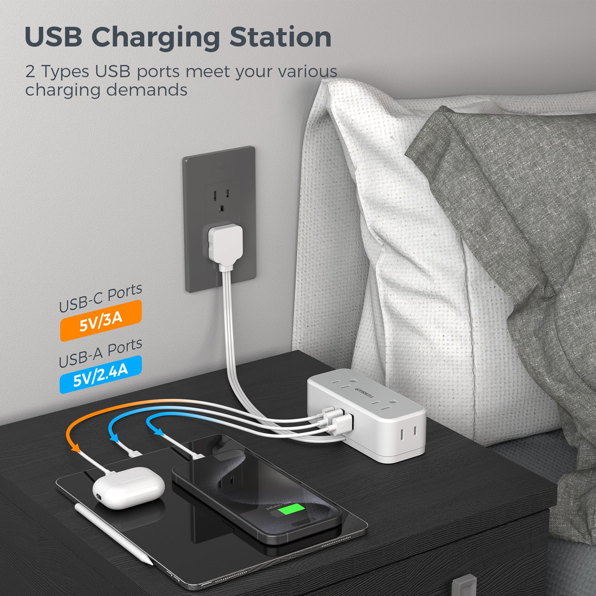 Foto 5 | Cable De Extensión Tessan Slim Flat Power Strip 4 Ac 3 Puertos Usb - Venta Internacional.