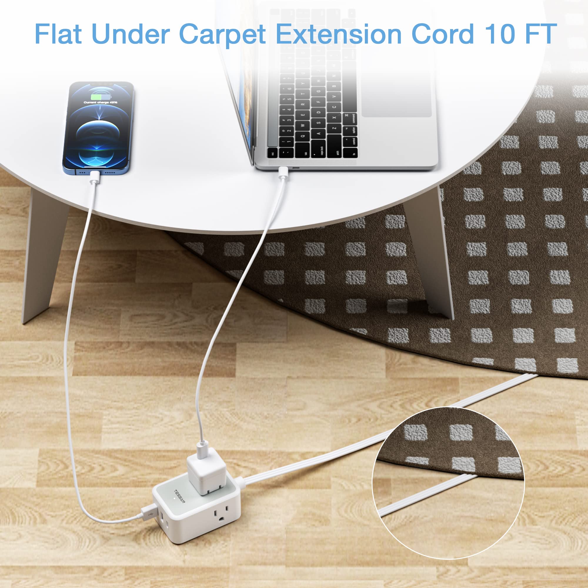 Foto 4 pulgar | Cable De Extensión Tessan, Ultrafino Y Plano, 3 Salidas, 3 Usb De 10 Pies - Venta Internacional.