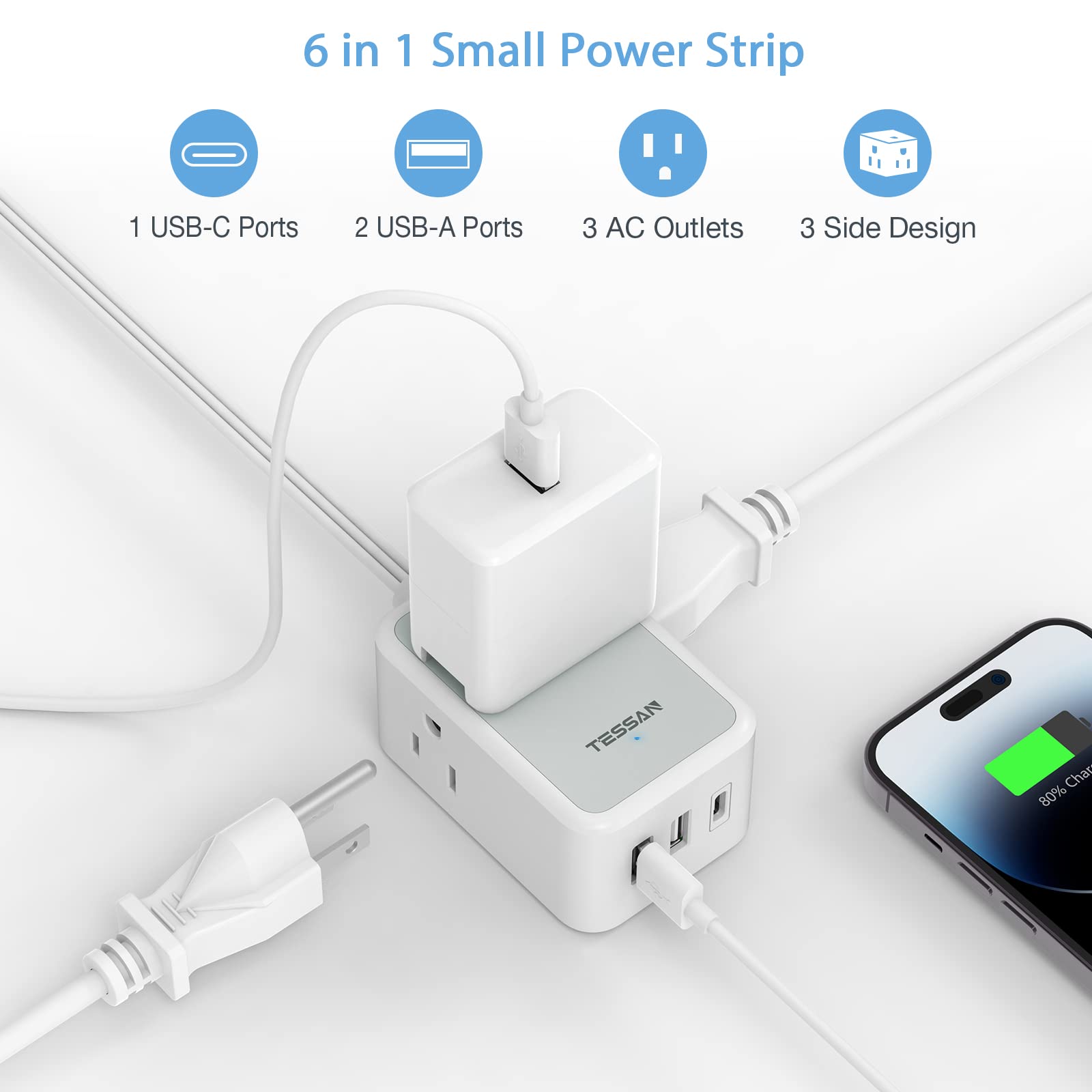 Foto 5 pulgar | Cable De Extensión Tessan, Ultrafino Y Plano, 3 Salidas, 3 Usb De 10 Pies - Venta Internacional.