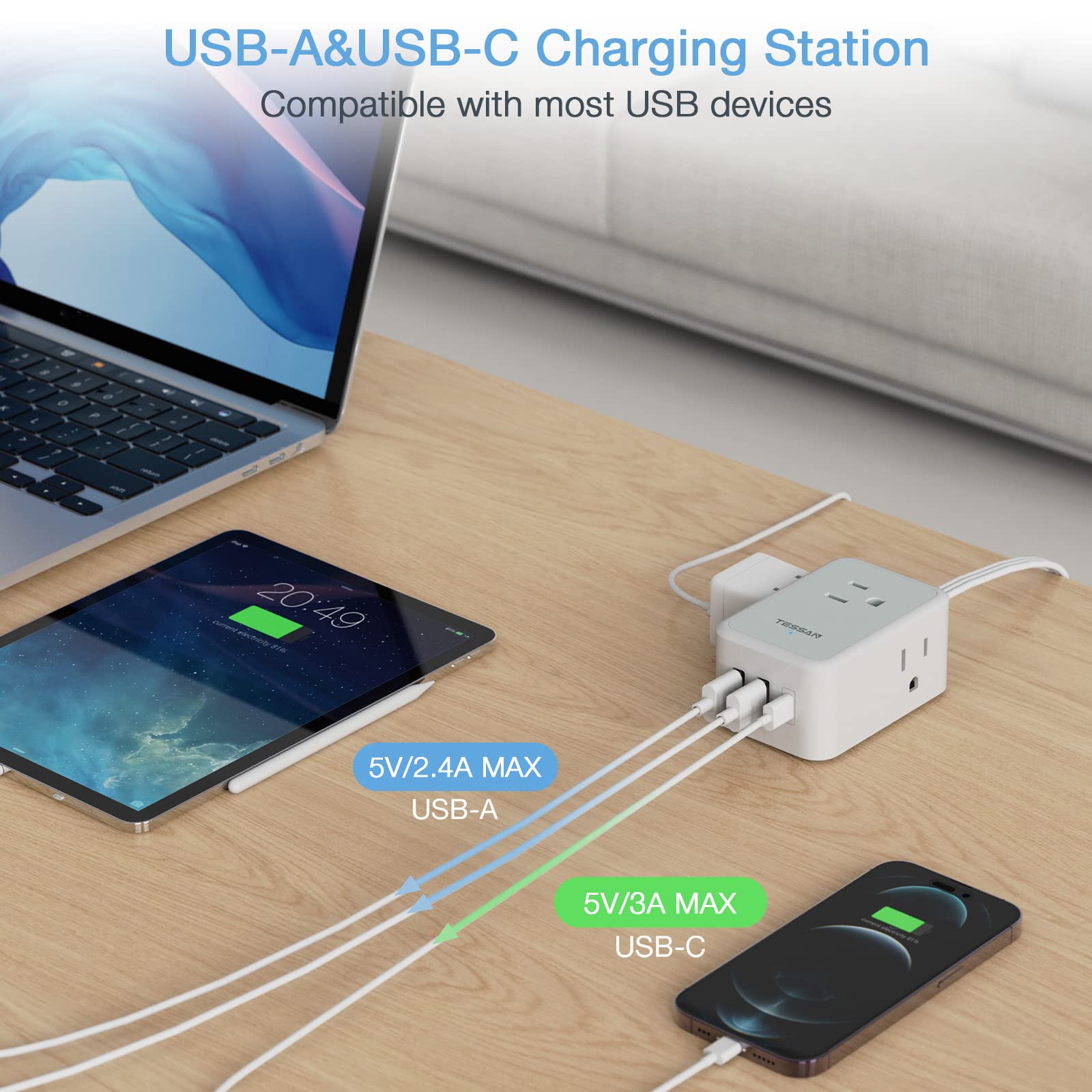 Foto 5 | Cable De Extensión Tessan, Ultrafino Y Plano, 3 Salidas, 3 Usb De 10 Pies - Venta Internacional.