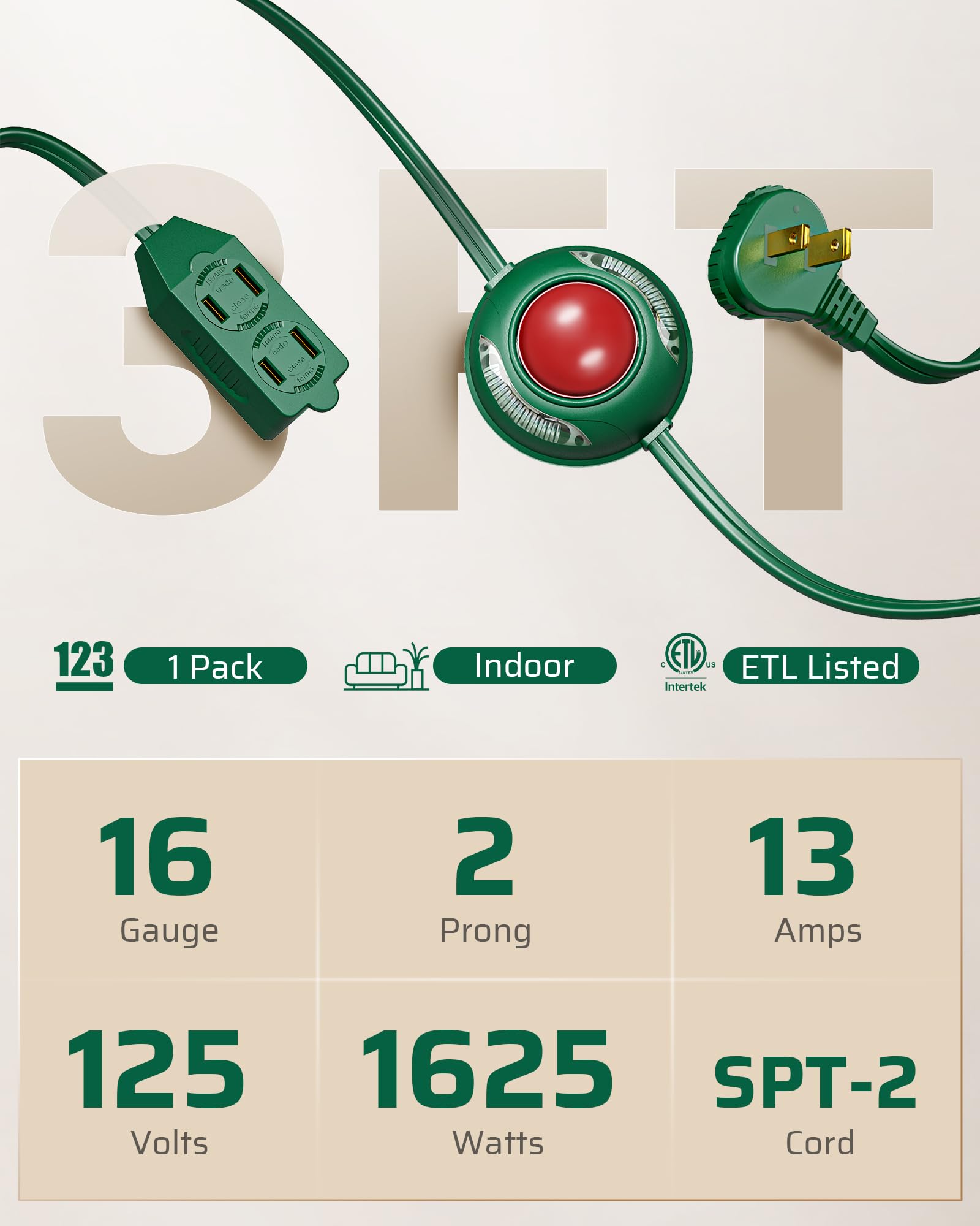 Foto 2 | Cable De Extensión Dewenwils De 12 Pies Con Interruptor De Pie, 3 Enchufes, Verde - Venta Internacional.