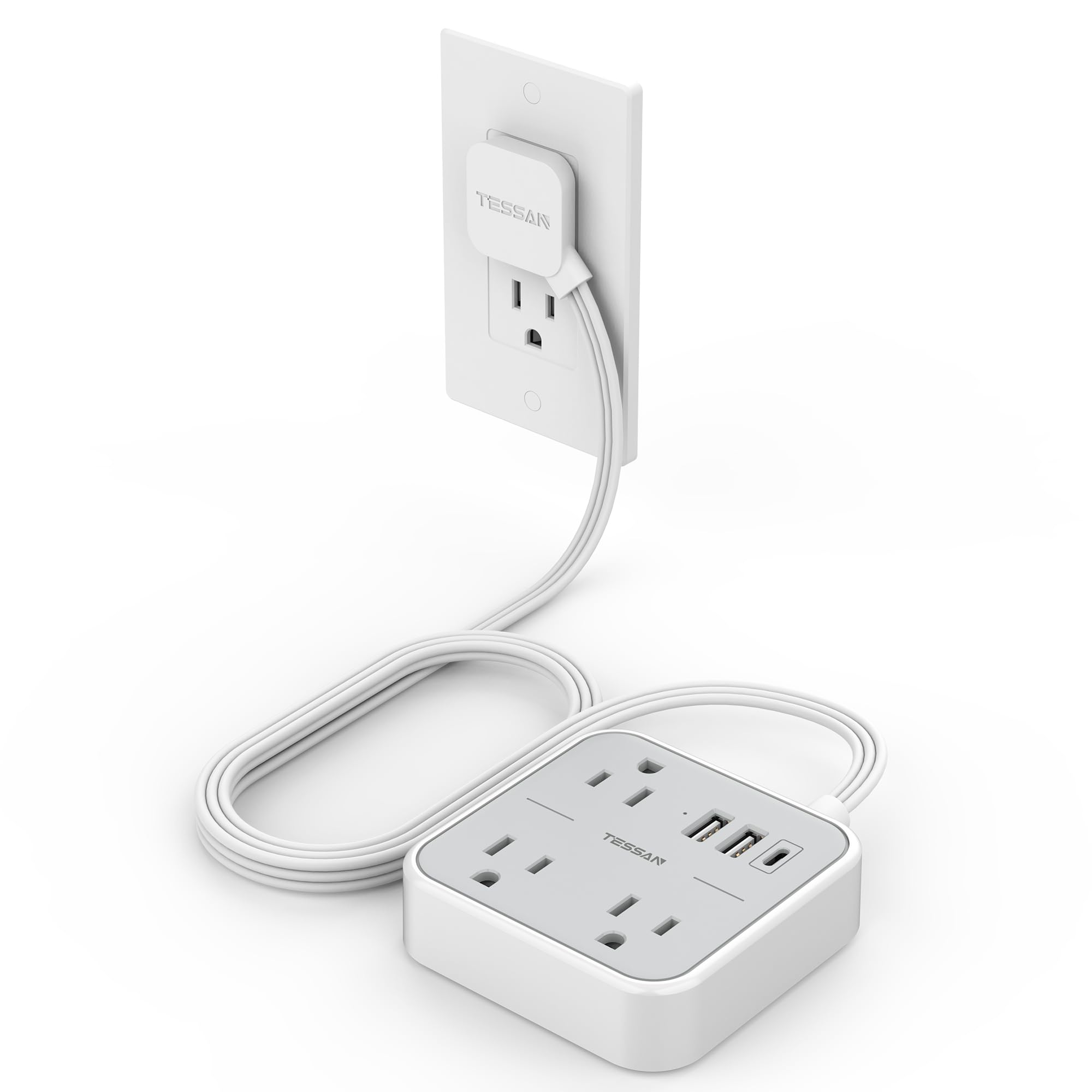 Cable De Extensión Tessan Short Flat Con 3 Puertos Usb Y Protección Contra Sobretensiones - Venta Internacional.