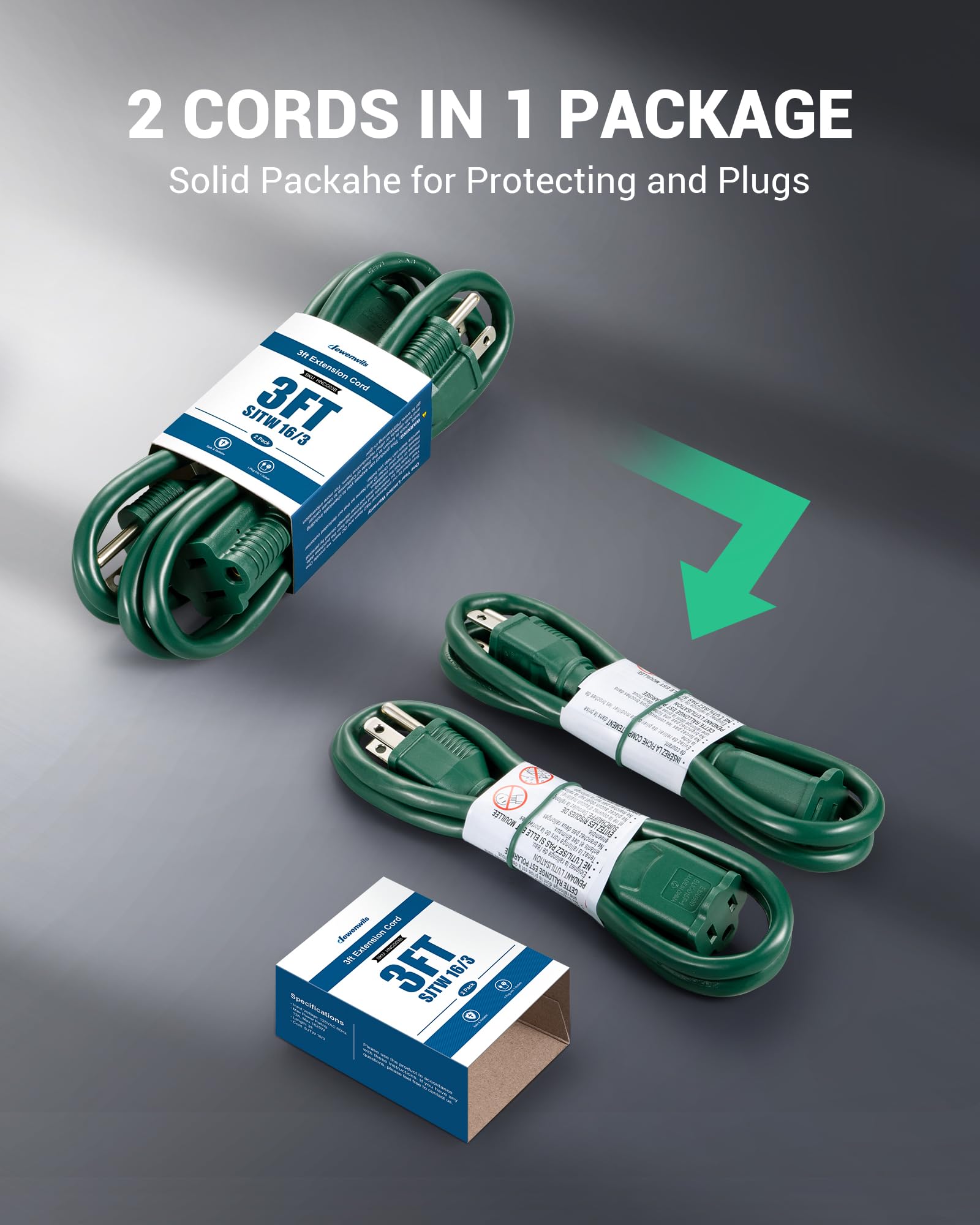 Foto 5 pulgar | Cable De Extensión Dewenwils, 3 Pies, 16/3 Awg, Sjtw, 13 A, 125 V, Verde, Paquete De 2 - Venta Internacional.