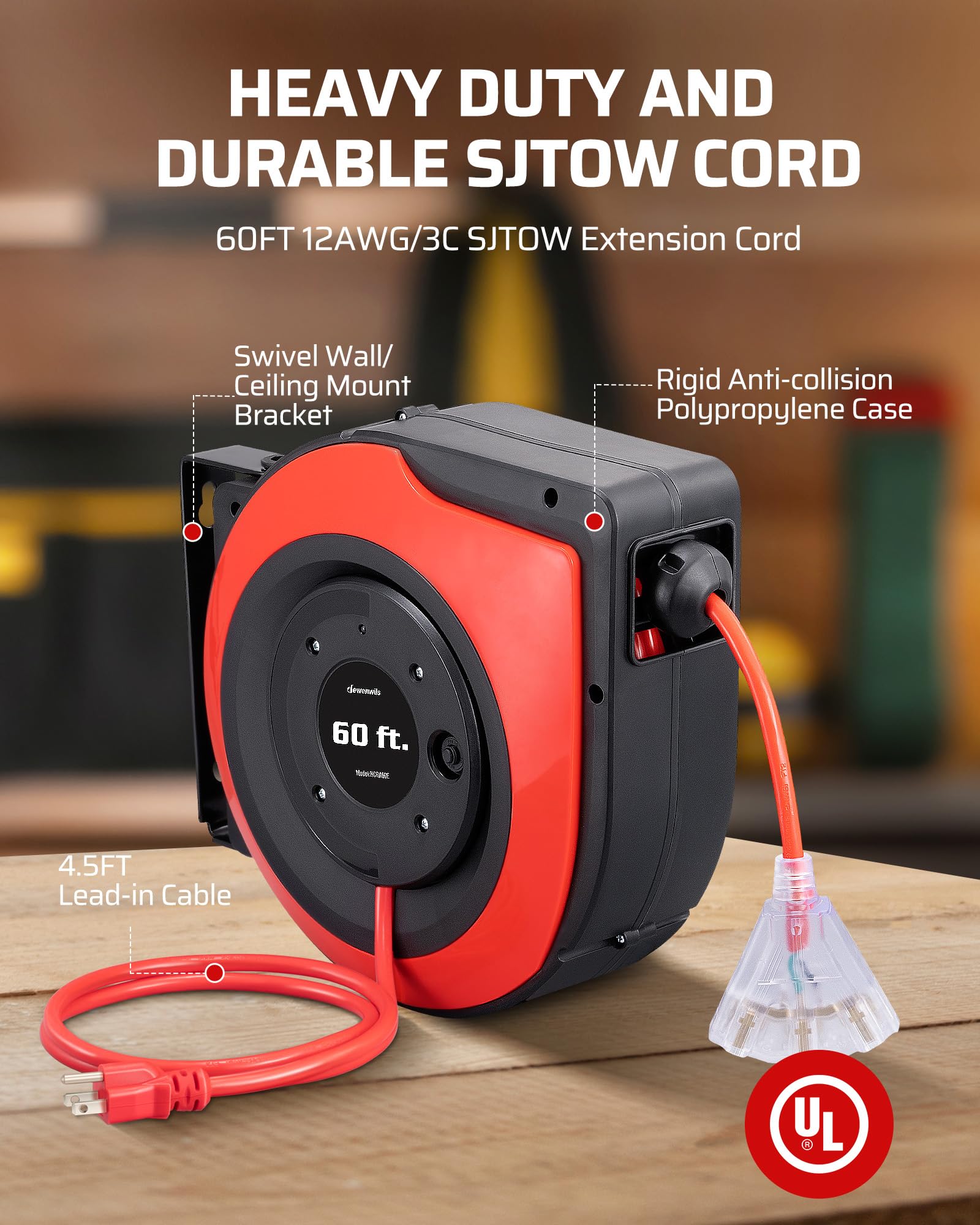 Foto 4 pulgar | Carrete De Cable De Extensión Dewenwils De 60 Pies, 12 Awg/3c Sjtow Con 3 Salidas - Venta Internacional.