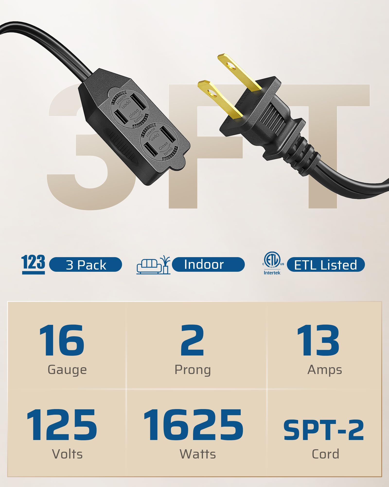 Foto 2 | Cable De Extensión Dewenwils, Regleta De Alimentación De 3 Salidas, 3 Pies, 16 Awg, Negro - Venta Internacional.