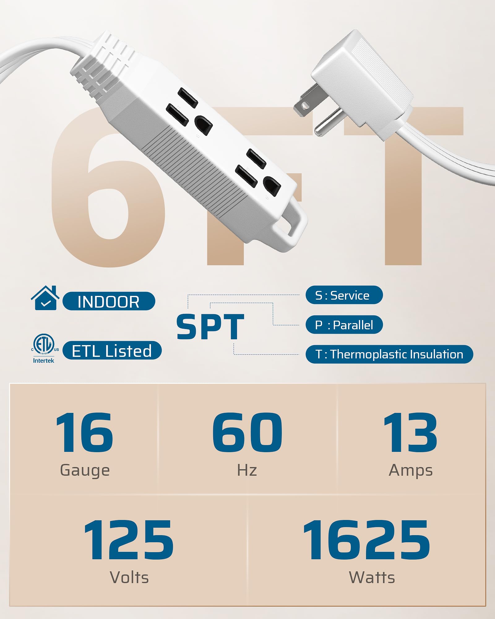 Foto 2 | Cable De Extensión Dewenwils, Enchufe Plano De 6 Pies, 3 Clavijas, 13 A/125 V/1625 W - Venta Internacional.