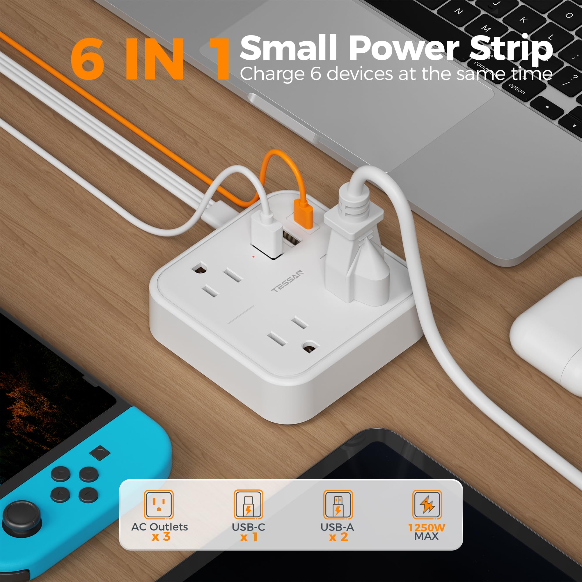 Foto 2 | Cable De Extensión Tessan Con 3 Tomas Usb (1 Usb C) Y 3 Tomas De Corriente Alterna - Venta Internacional.