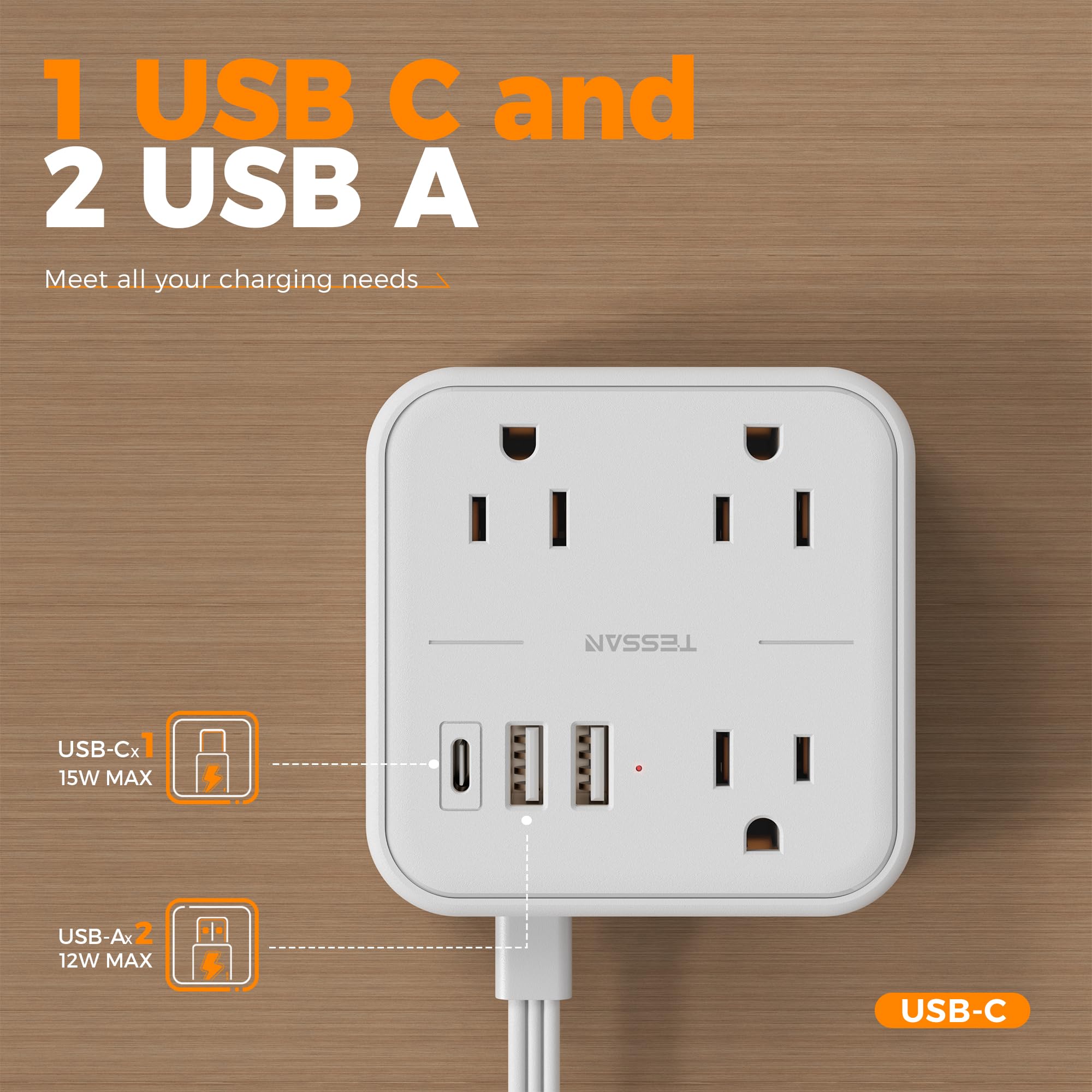 Foto 7 pulgar | Cable De Extensión Tessan Con 3 Tomas Usb (1 Usb C) Y 3 Tomas De Corriente Alterna - Venta Internacional.