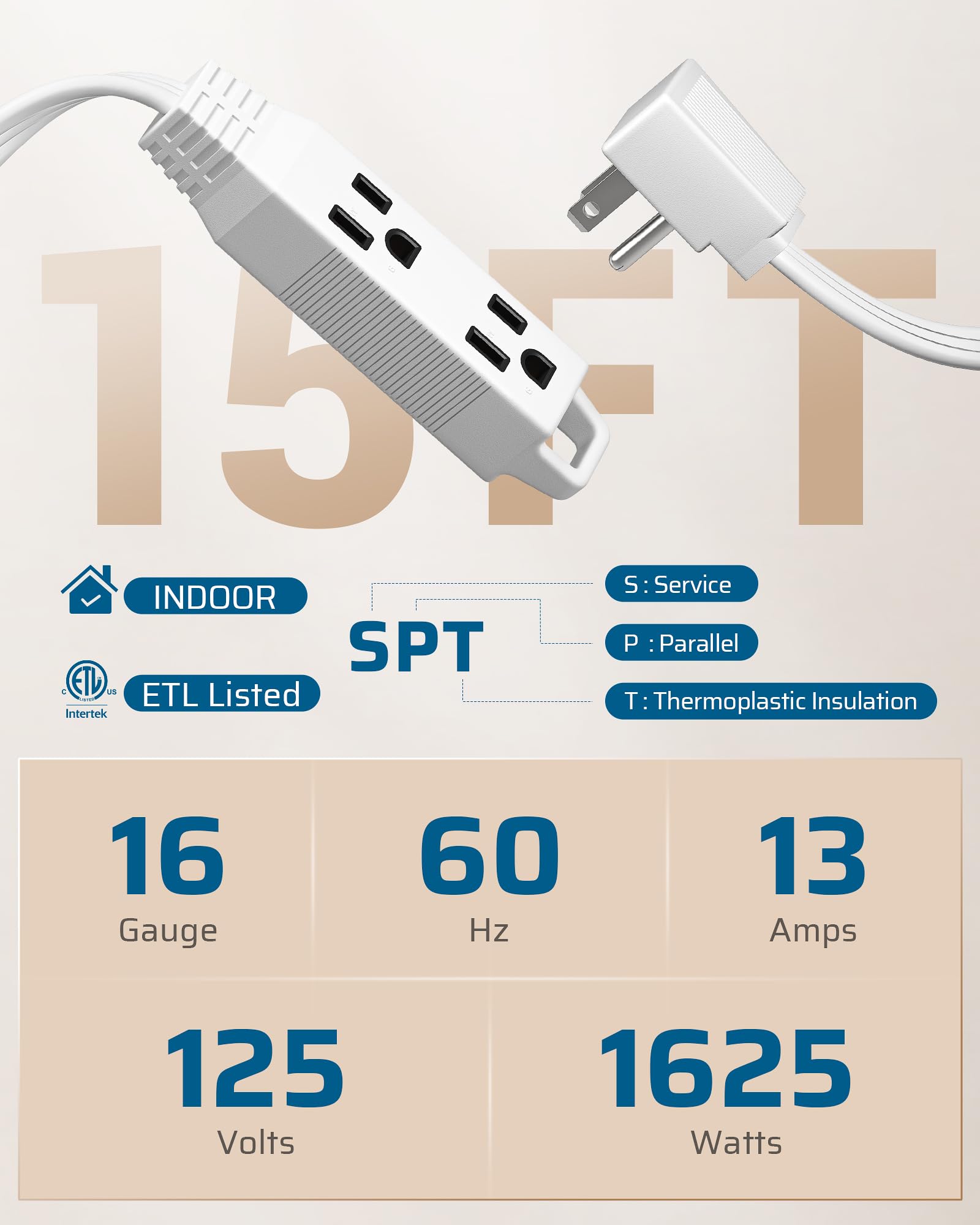 Foto 2 | Cable De Extensión Dewenwils, Enchufe Plano De 15 Pies, 13 A/125 V/1625 W, Blanco - Venta Internacional.
