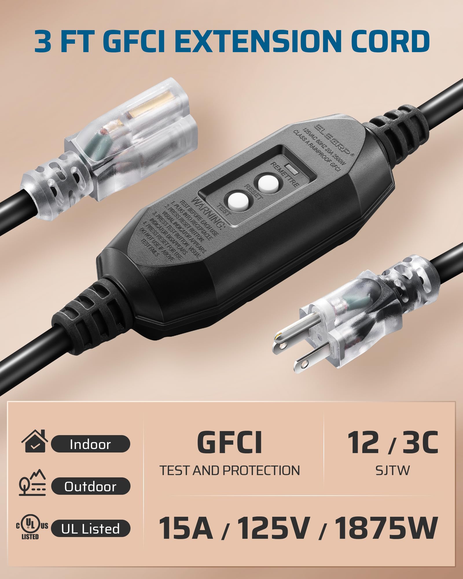 Foto 3 pulgar | Cable De Extensión Dewenwils Automático Gfci De 3 Pies, 15 A/125 V/1875 W, Negro - Venta Internacional.
