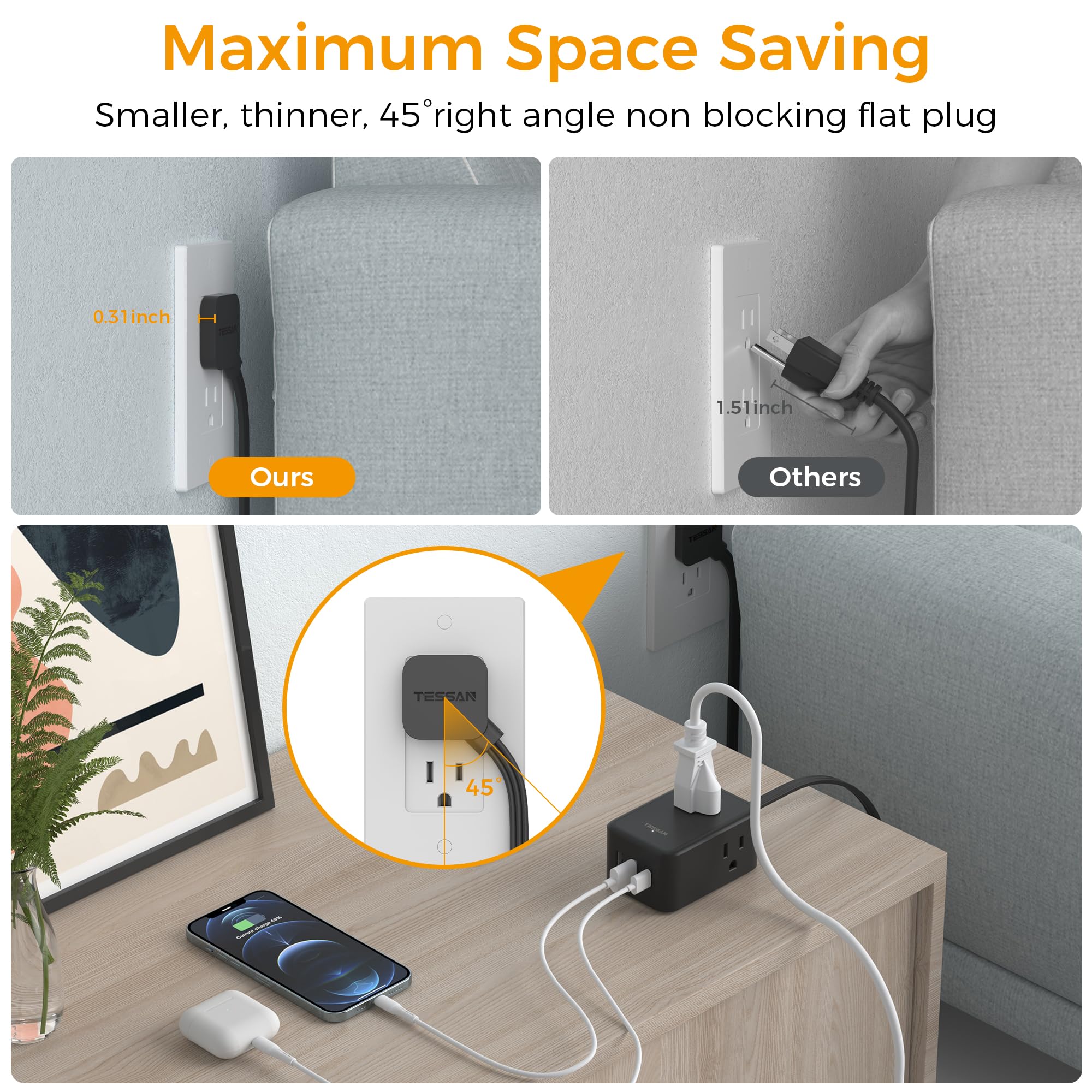 Foto 3 pulgar | Power Strip Tessan Ultra Thin Con 3 Cargadores Usb Y 3 Enchufes - Venta Internacional.