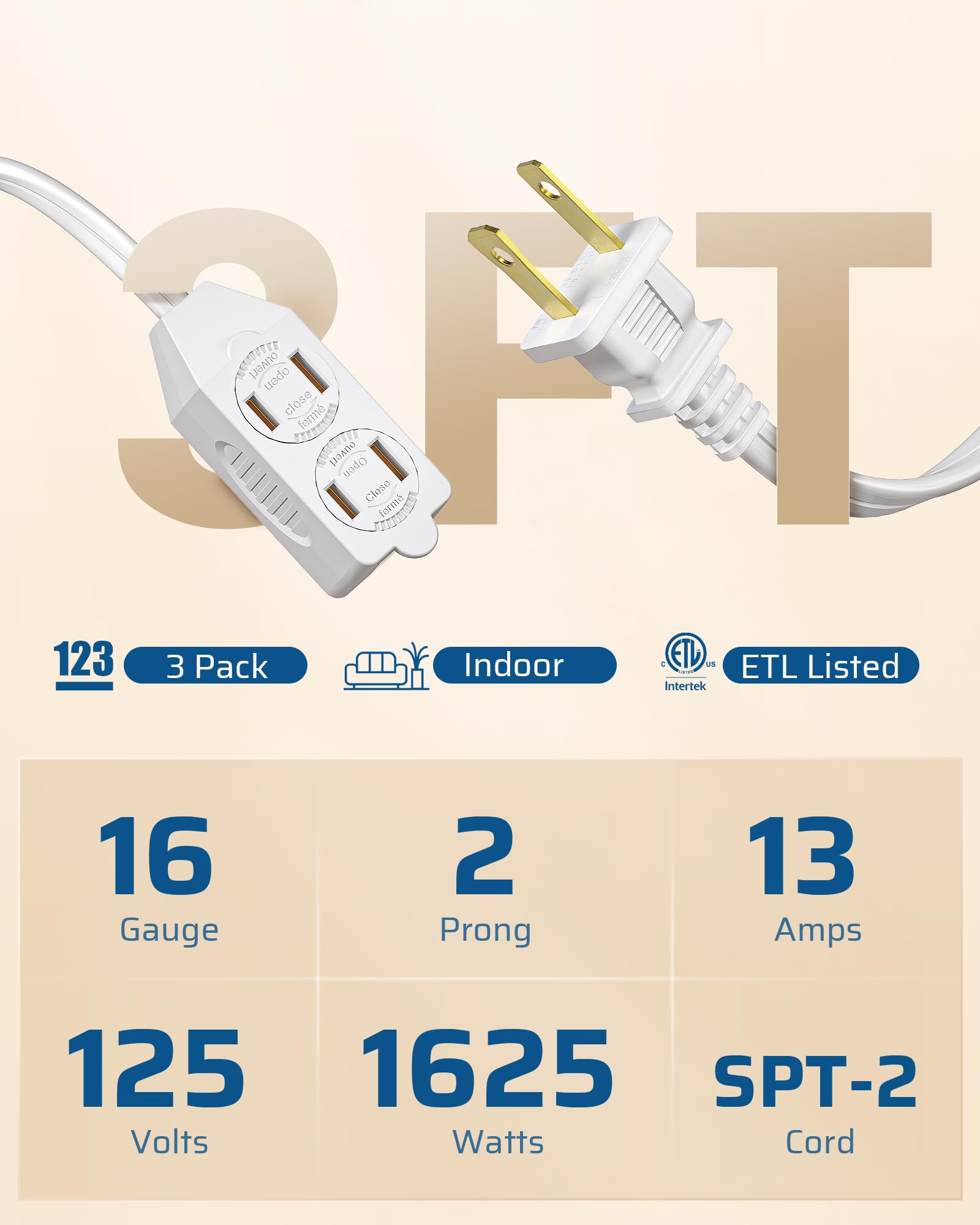 Foto 2 | Cable De Extensión Dewenwils Spt-2 De 3 Pies, 16 Awg, Enchufes De 2 Clavijas - Venta Internacional.