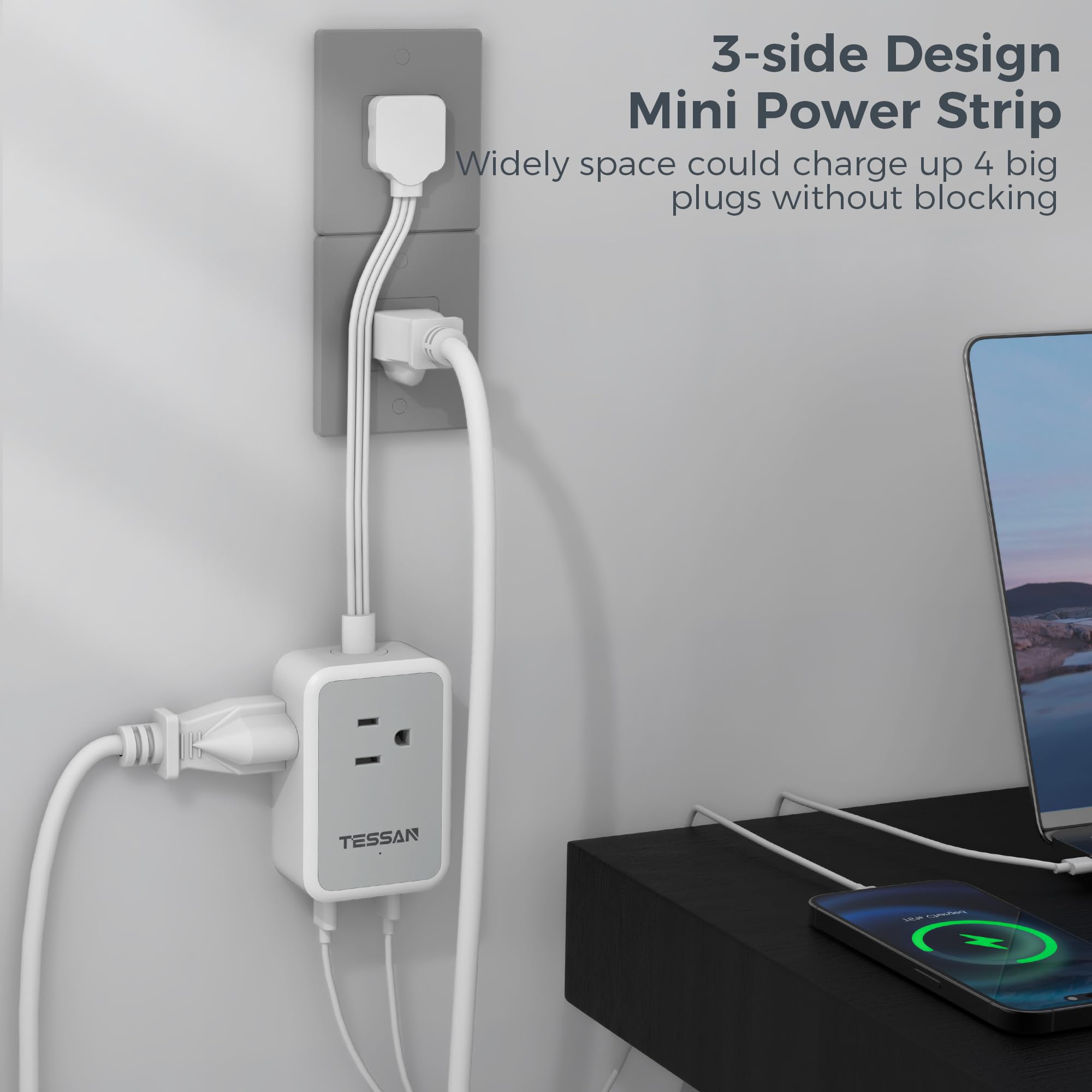 Foto 5 pulgar | Power Strip Tessan Short De 23 Cm Con Extensor De 3 Enchufes Y 3 Usb - Venta Internacional.