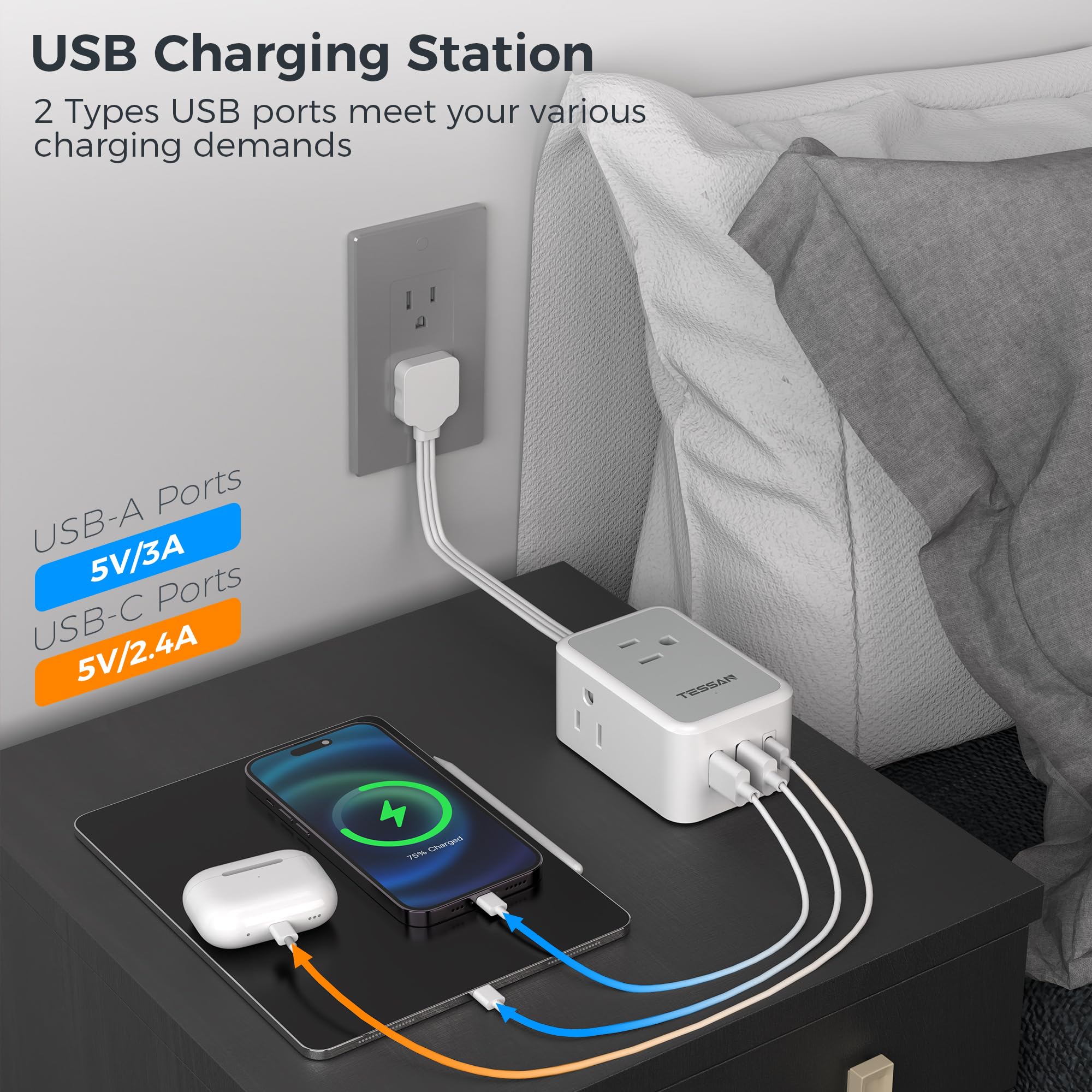 Foto 6 pulgar | Power Strip Tessan Short De 23 Cm Con Extensor De 3 Enchufes Y 3 Usb - Venta Internacional.