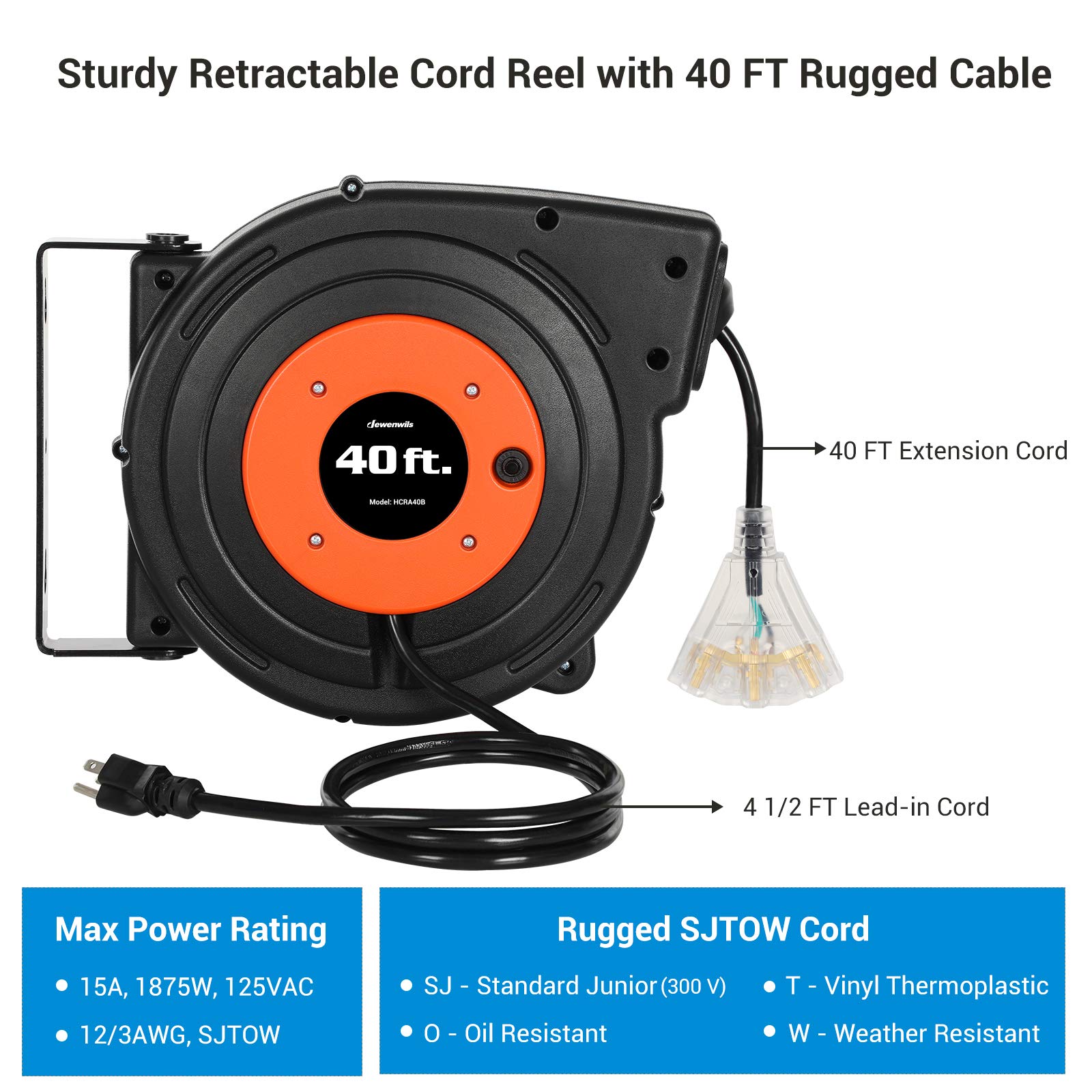 Foto 2 | Carrete De Cable De Extensión Dewenwils De 40 Pies Con 3 Salidas, 15 A, Certificado Ul - Venta Internacional.