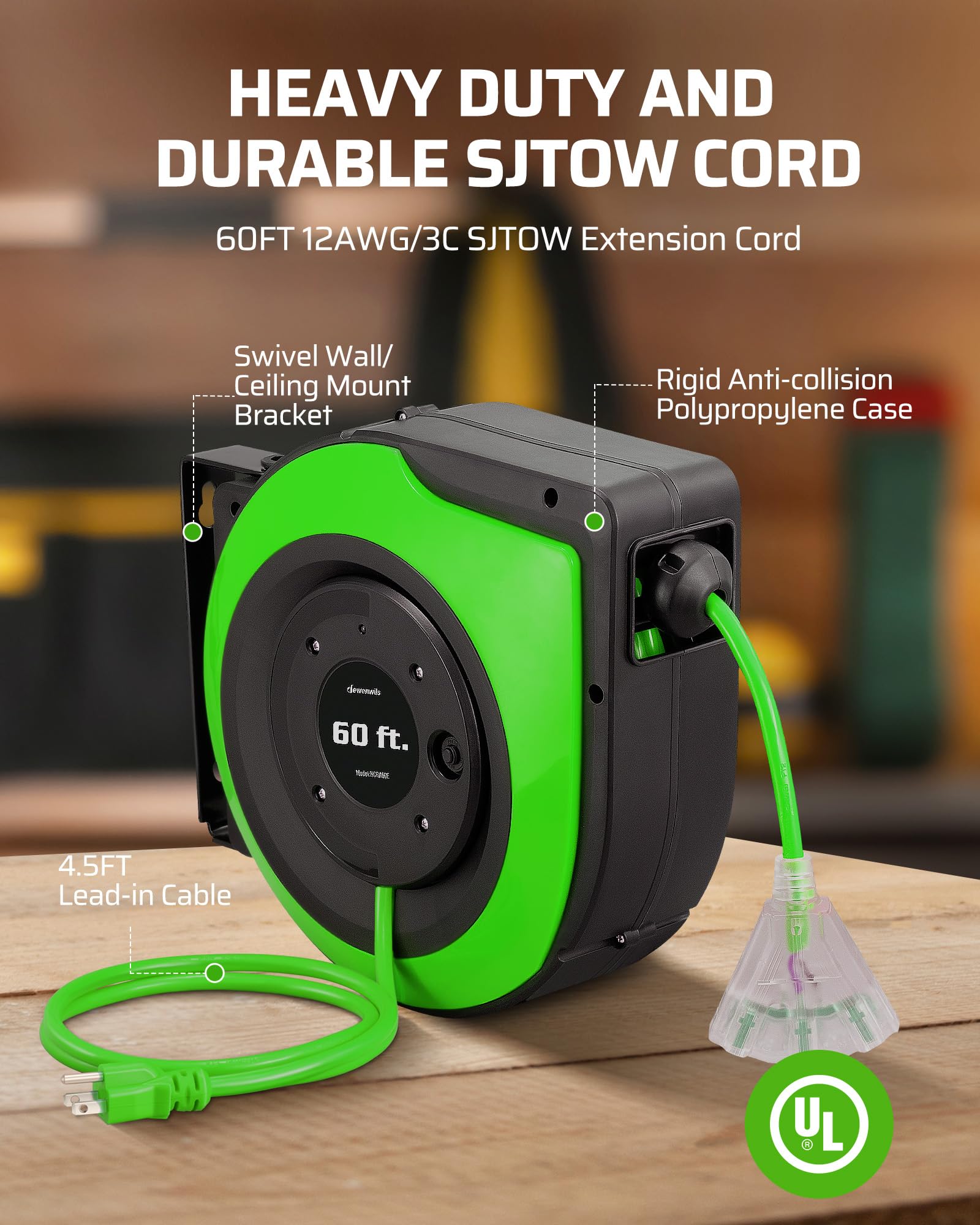Foto 3 | Carrete De Cable De Extensión Dewenwils De 60 Pies, 12 Awg/3c Sjtow Con 3 Salidas - Venta Internacional.