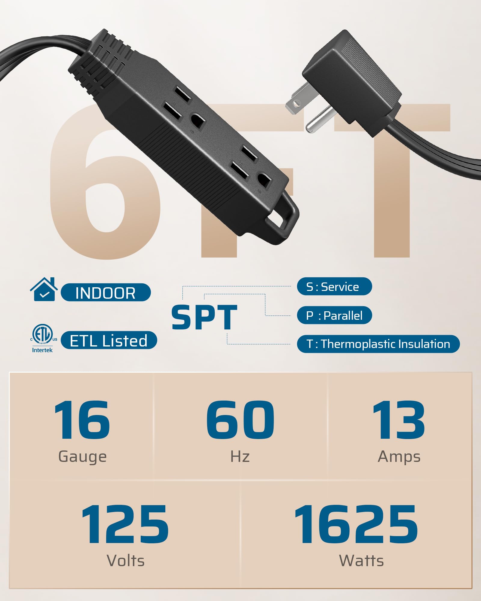 Foto 2 | Cable De Extensión Dewenwils, Enchufe Plano De 6 Pies, 3 Clavijas, 13 A/125 V/1625 W - Venta Internacional.