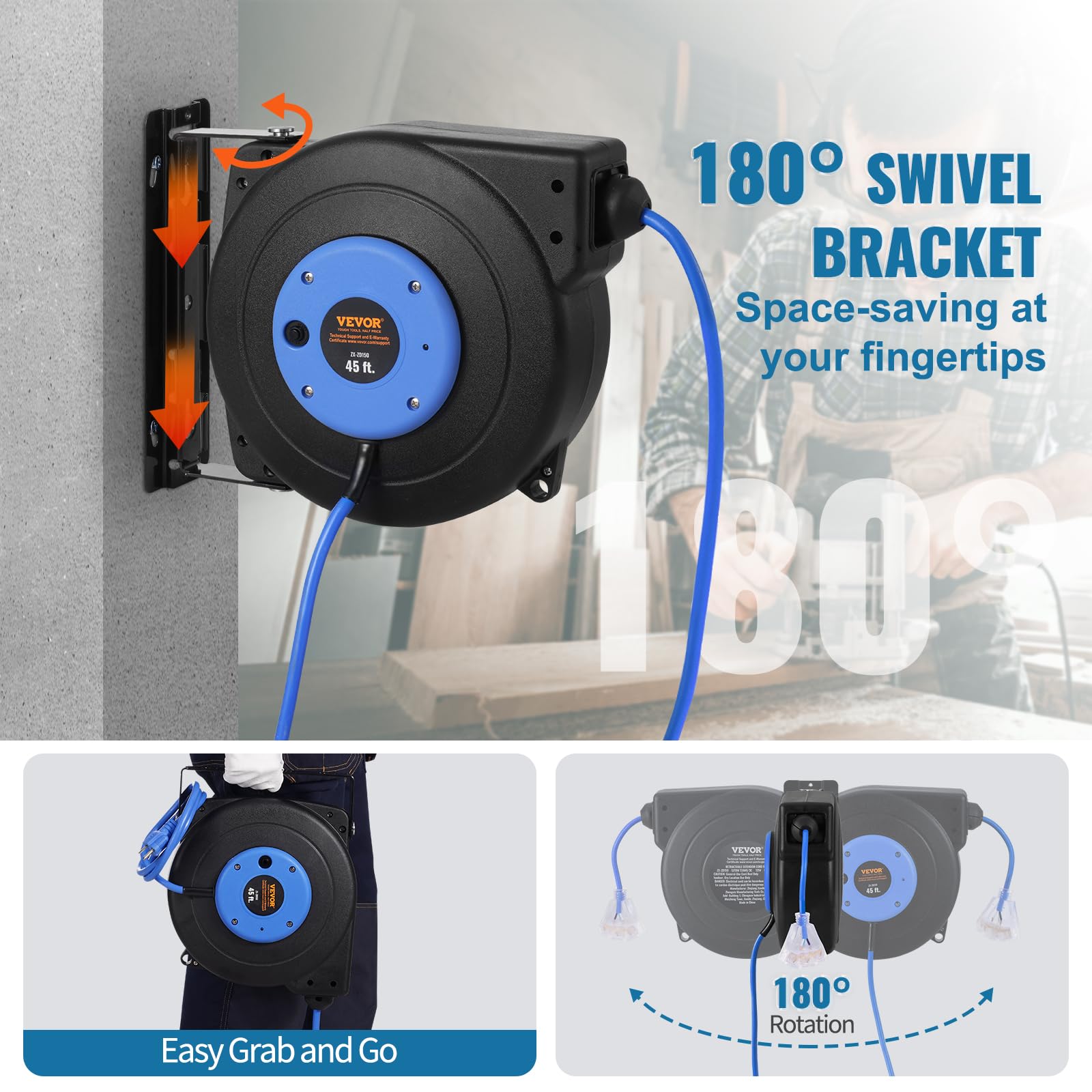 Foto 6 | Carrete De Cable De Extensión Retráctil Vevor De 45 Pies Con Salida De Triple Grifo - Venta Internacional.