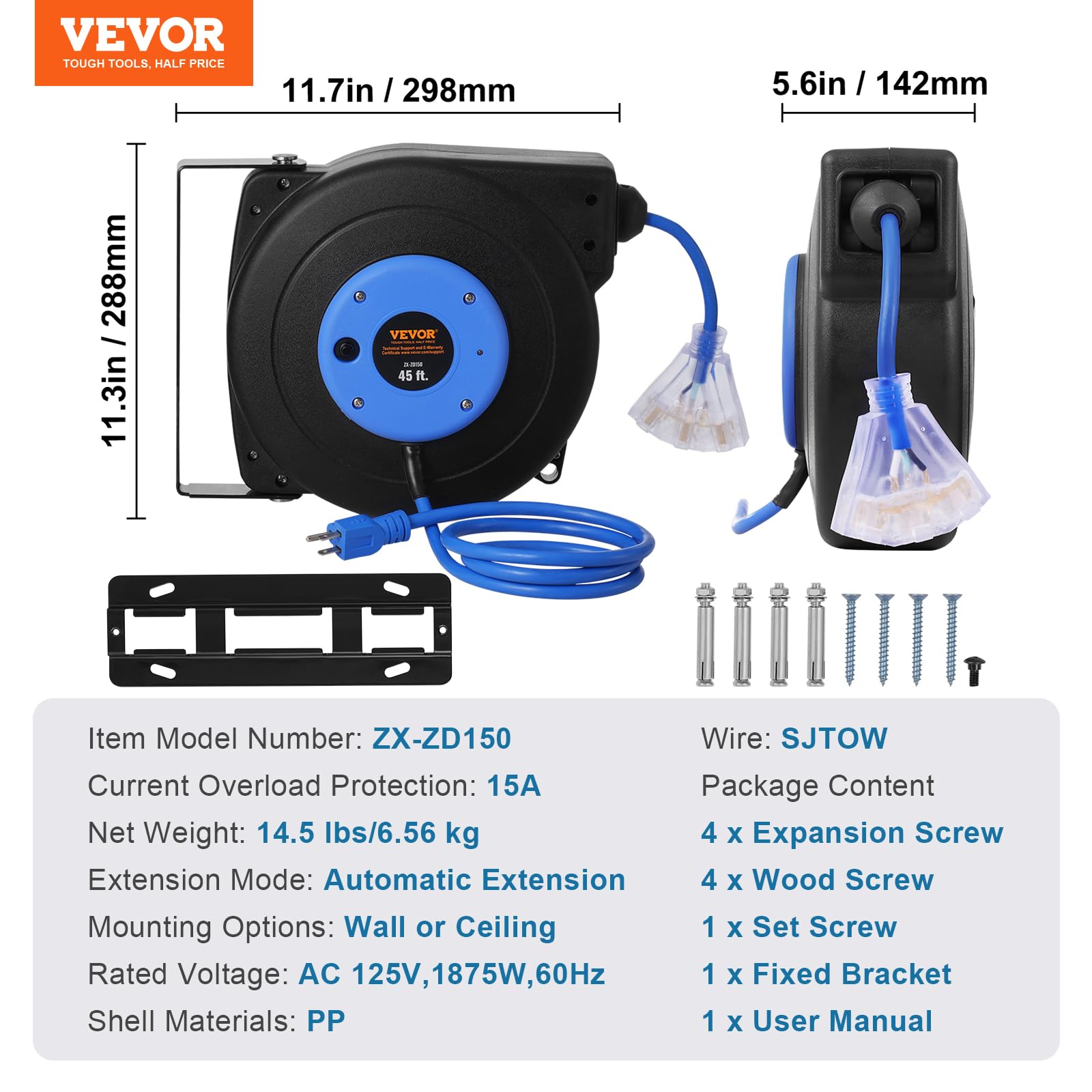 Foto 7 | Carrete De Cable De Extensión Retráctil Vevor De 45 Pies Con Salida De Triple Grifo - Venta Internacional.