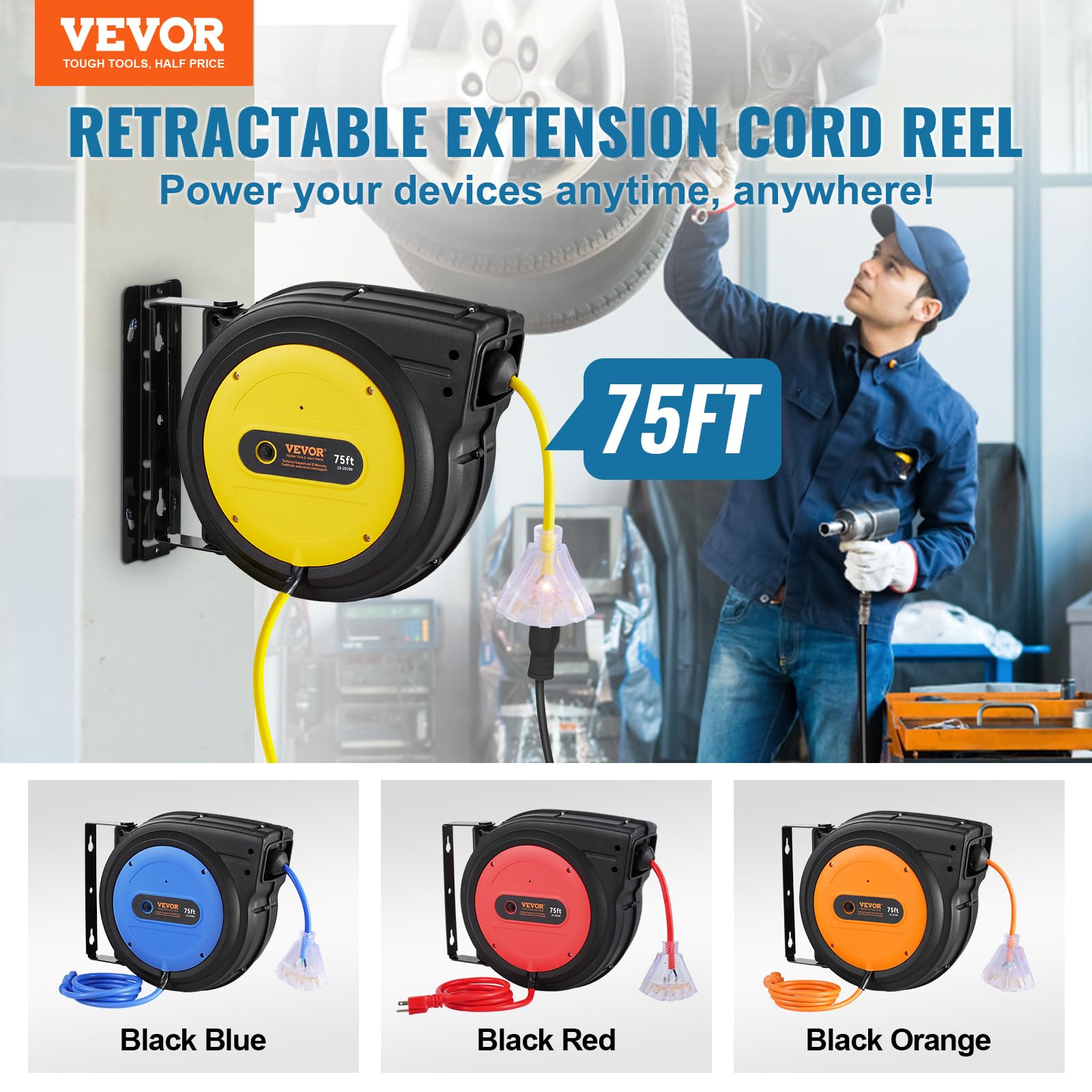 Foto 3 pulgar | Carrete Retráctil De Cable De Extensión Vevor 75 Pies 14 Awg/3c Sjtow - Venta Internacional.