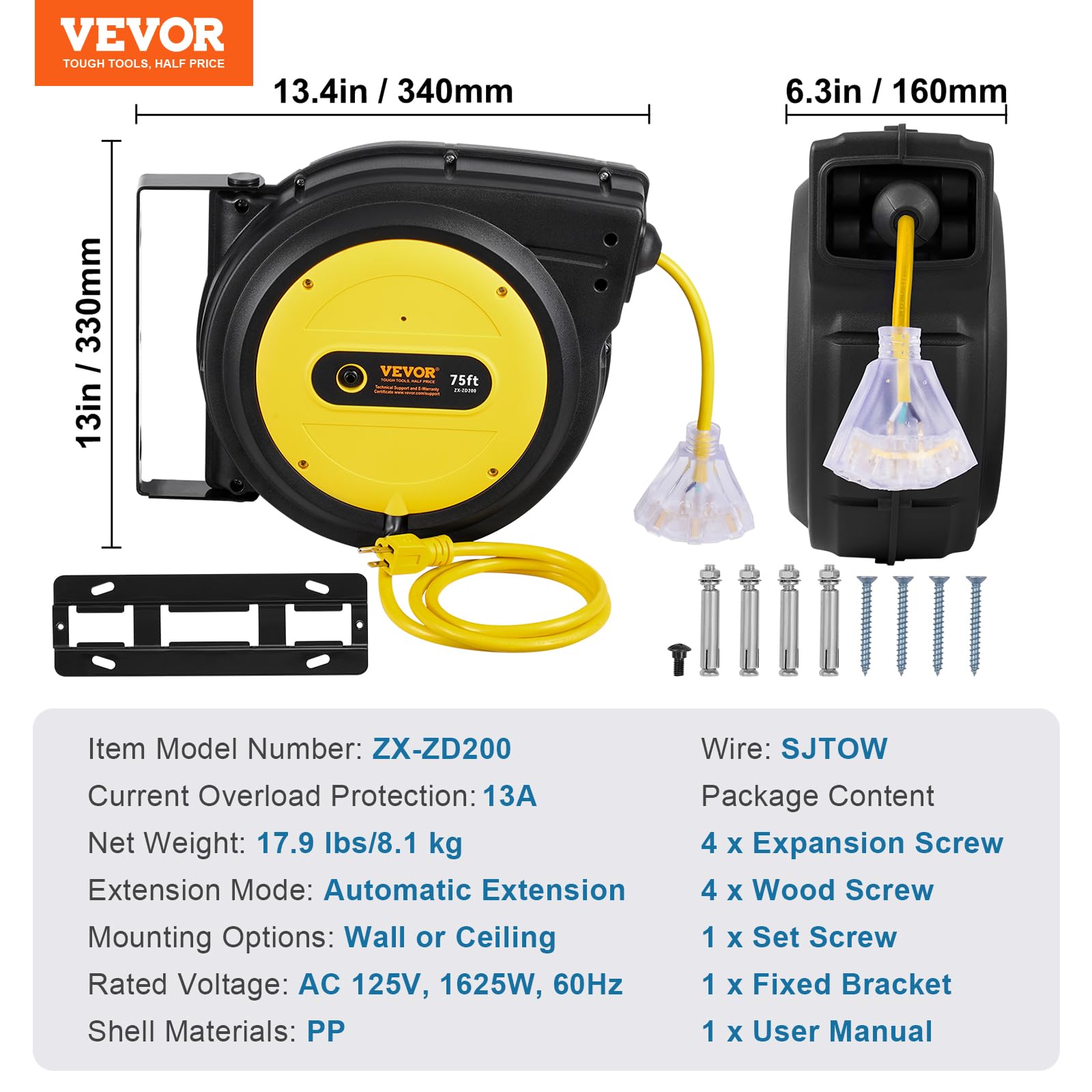 Foto 7 | Carrete Retráctil De Cable De Extensión Vevor 75 Pies 14 Awg/3c Sjtow - Venta Internacional.