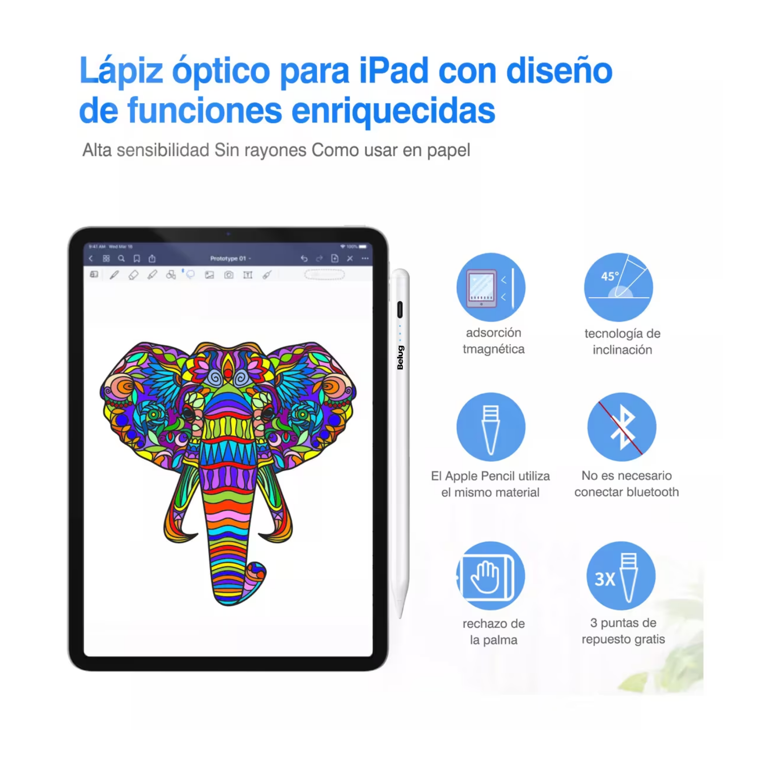 Foto 4 pulgar | Lápiz Ipad Lápiz Óptico Belug Carga Rápida Con Magnética, Blanco