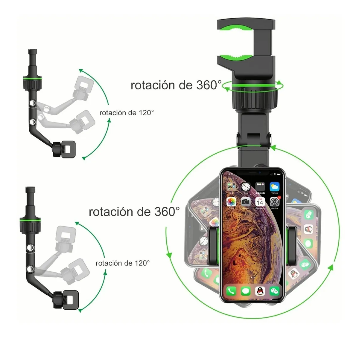 Foto 3 pulgar | Soporte Malubero para Teléfono con Espejo Retrovisor de 360° color Negro con Verde