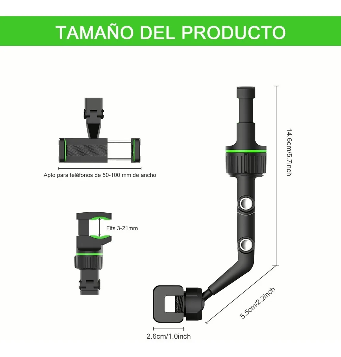 Foto 4 pulgar | Soporte Malubero para Teléfono con Espejo Retrovisor de 360° color Negro con Verde