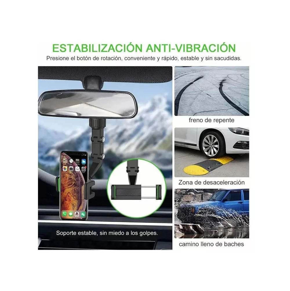 Foto 2 | Soporte para Teléfono con Espejo Retrovisor 360º Multiuso Belug color Negro con Verde
