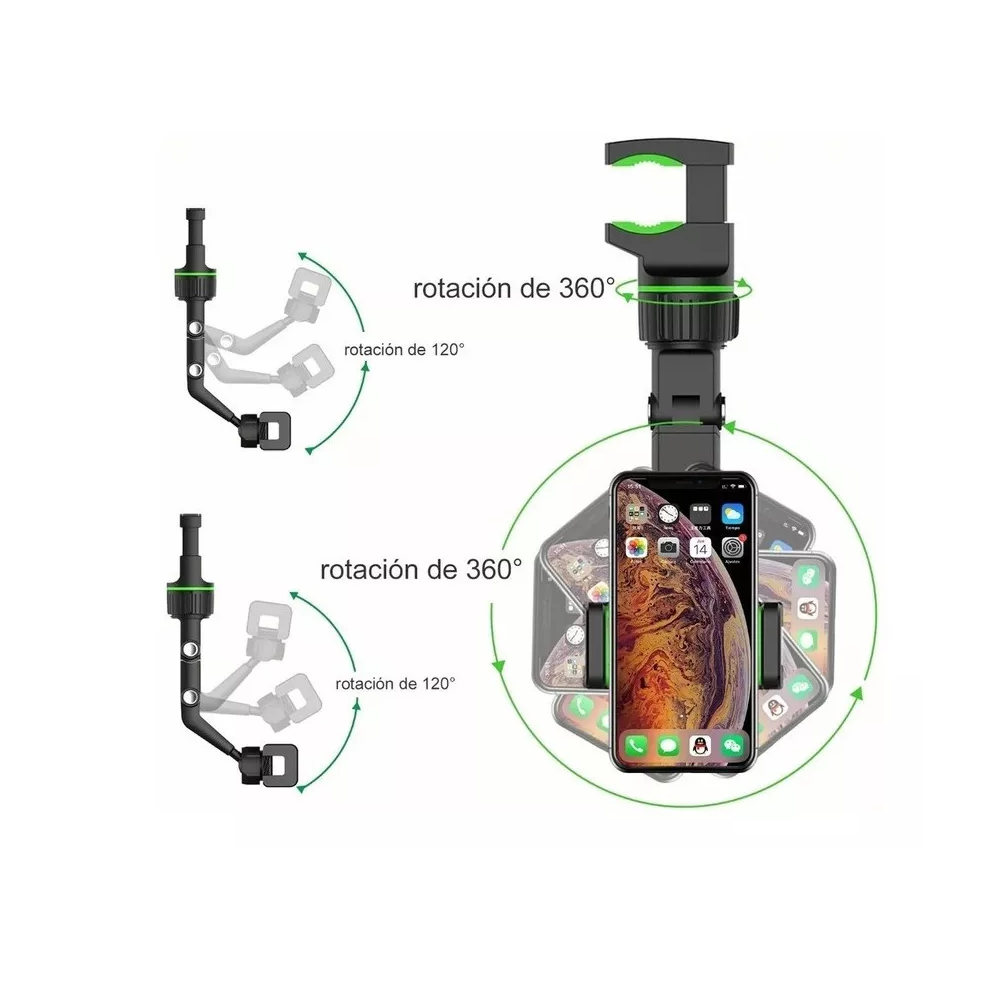 Foto 6 pulgar | Soporte para Teléfono con Espejo Retrovisor 360º Multiuso Belug color Negro con Verde
