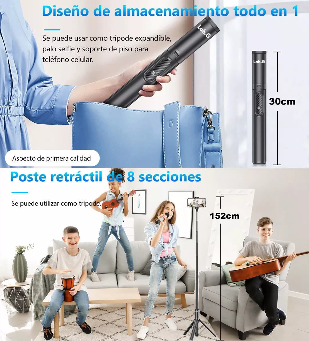 Foto 4 pulgar | 60in Selfie Stick Soporte Portátil Trípode Para Celular Móvil Negro