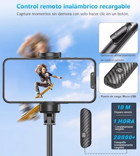Foto 4 | 60in Selfie Stick Soporte Portátil Trípode Para Celular Móvil Negro