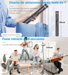 Foto 3 | 60in Selfie Stick Portátil Soporte Trípode Para Celular Móvil Negro