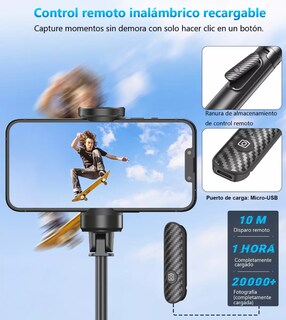 Foto 4 | 60in Selfie Stick Portátil Soporte Trípode Para Celular Móvil Negro