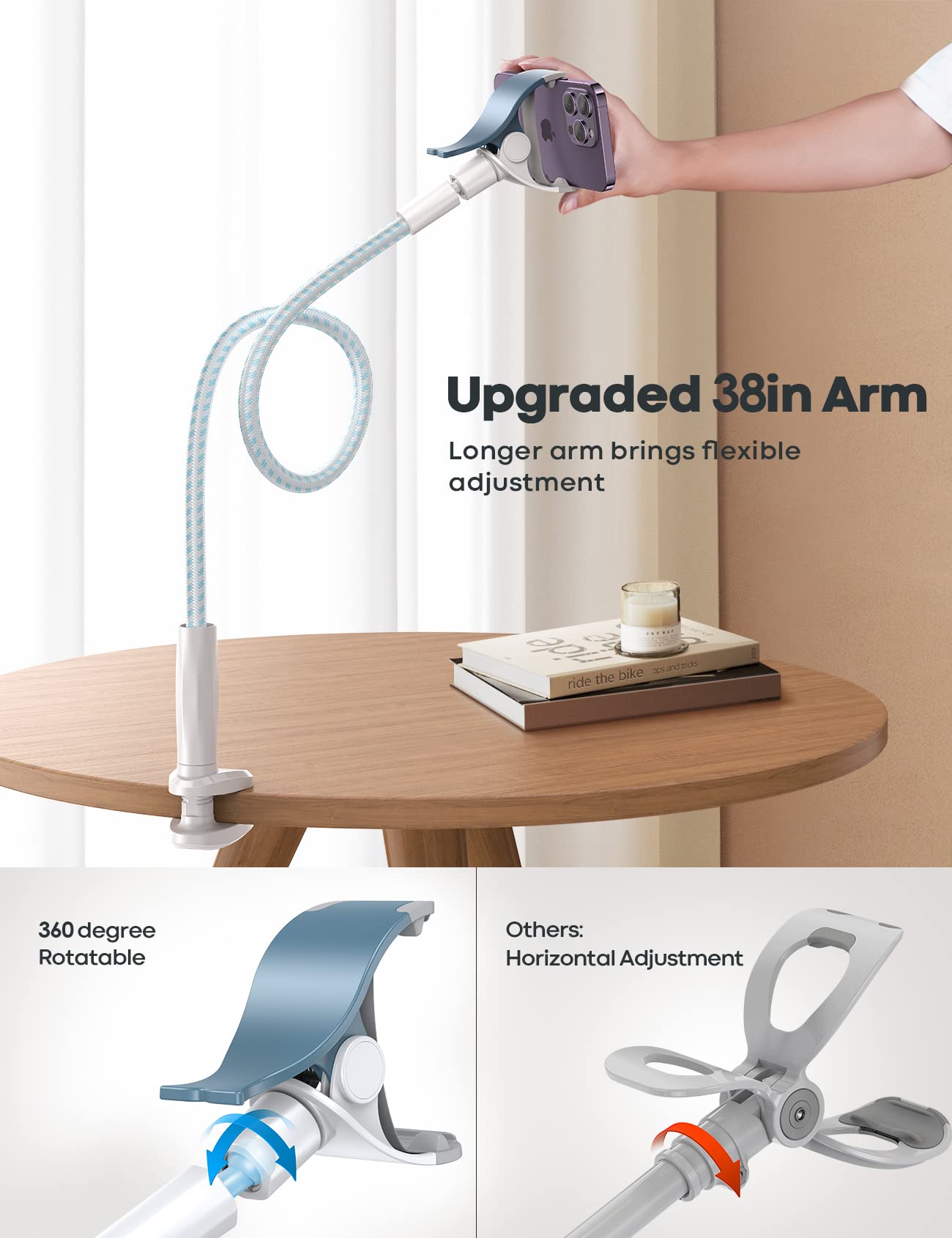 Foto 3 pulgar | Soporte Para Teléfono Lamicall, Cama Con Cuello De Cisne, Brazo Flexible, Blanco Y Azul - Venta Internacional.