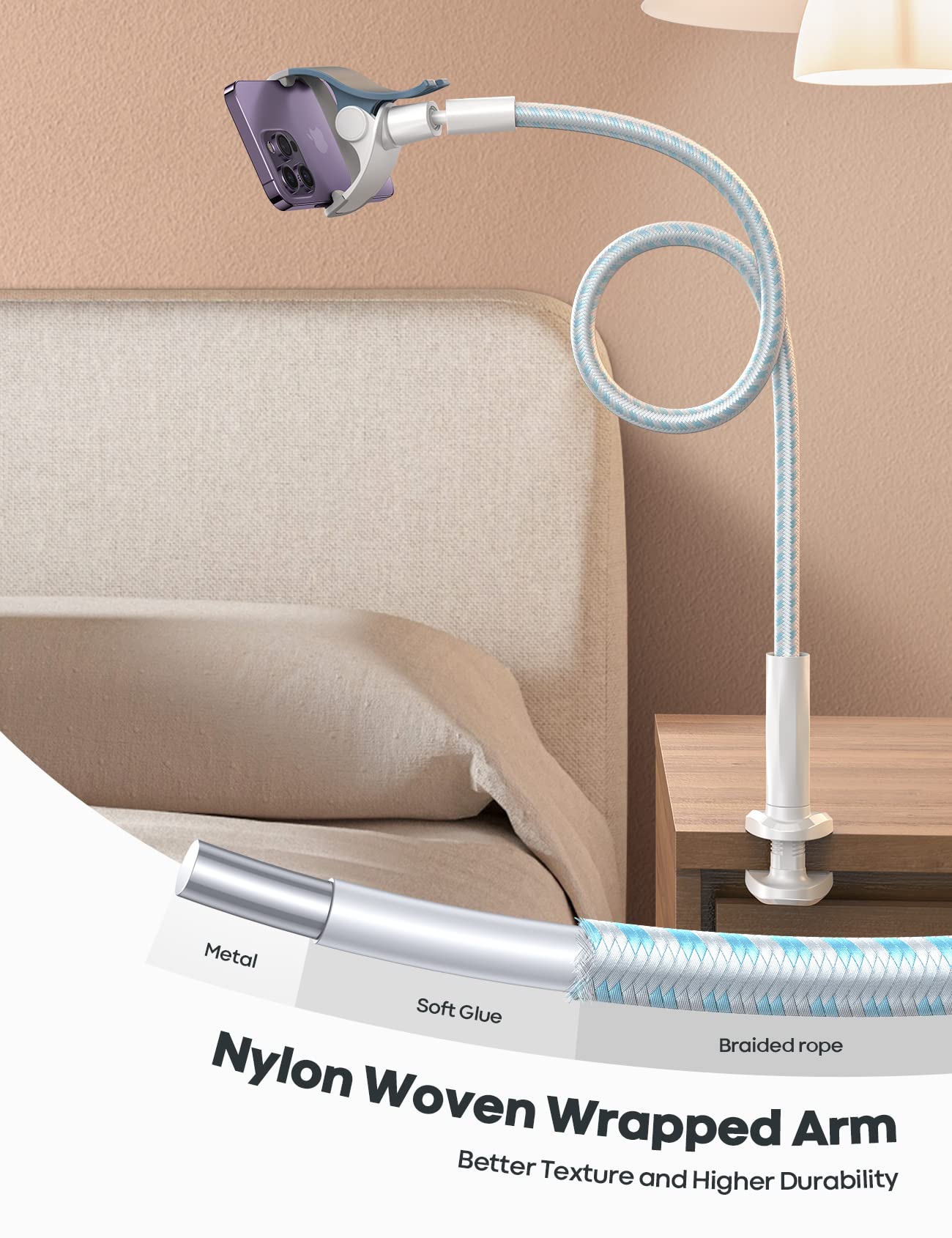 Foto 4 pulgar | Soporte Para Teléfono Lamicall, Cama Con Cuello De Cisne, Brazo Flexible, Blanco Y Azul - Venta Internacional.